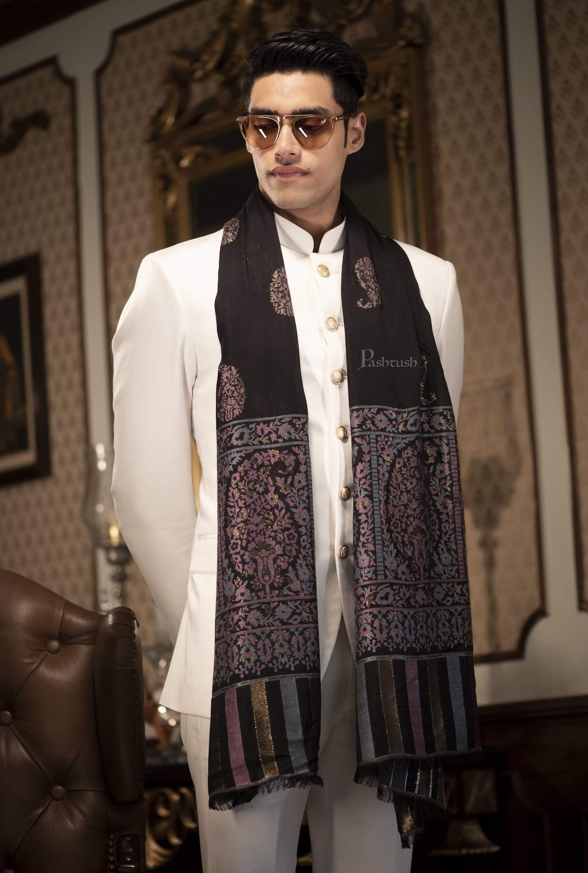 Pashtush India 70x200 Pashtush Mens Paisley Design, Soft Bamboo Scarf, Golden Zari Thread Weave