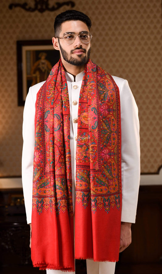 Pashtush India 100x200 Pashtush Mens Papier-mâché Embroidered Shawl, Fine Wool with Silky Embroidery, Maroon