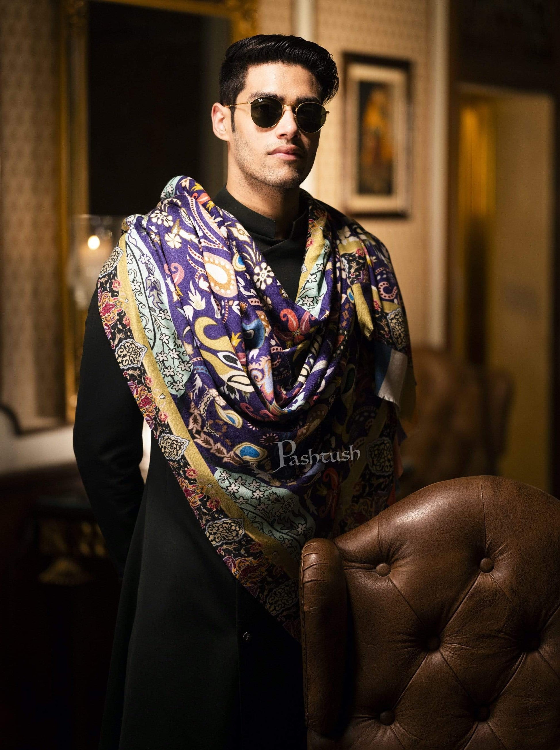 Pashtush India 100x200 Pashtush Mens Printed Stole, Multicoloured, 100% Pure Wool (Woolmark Certified)