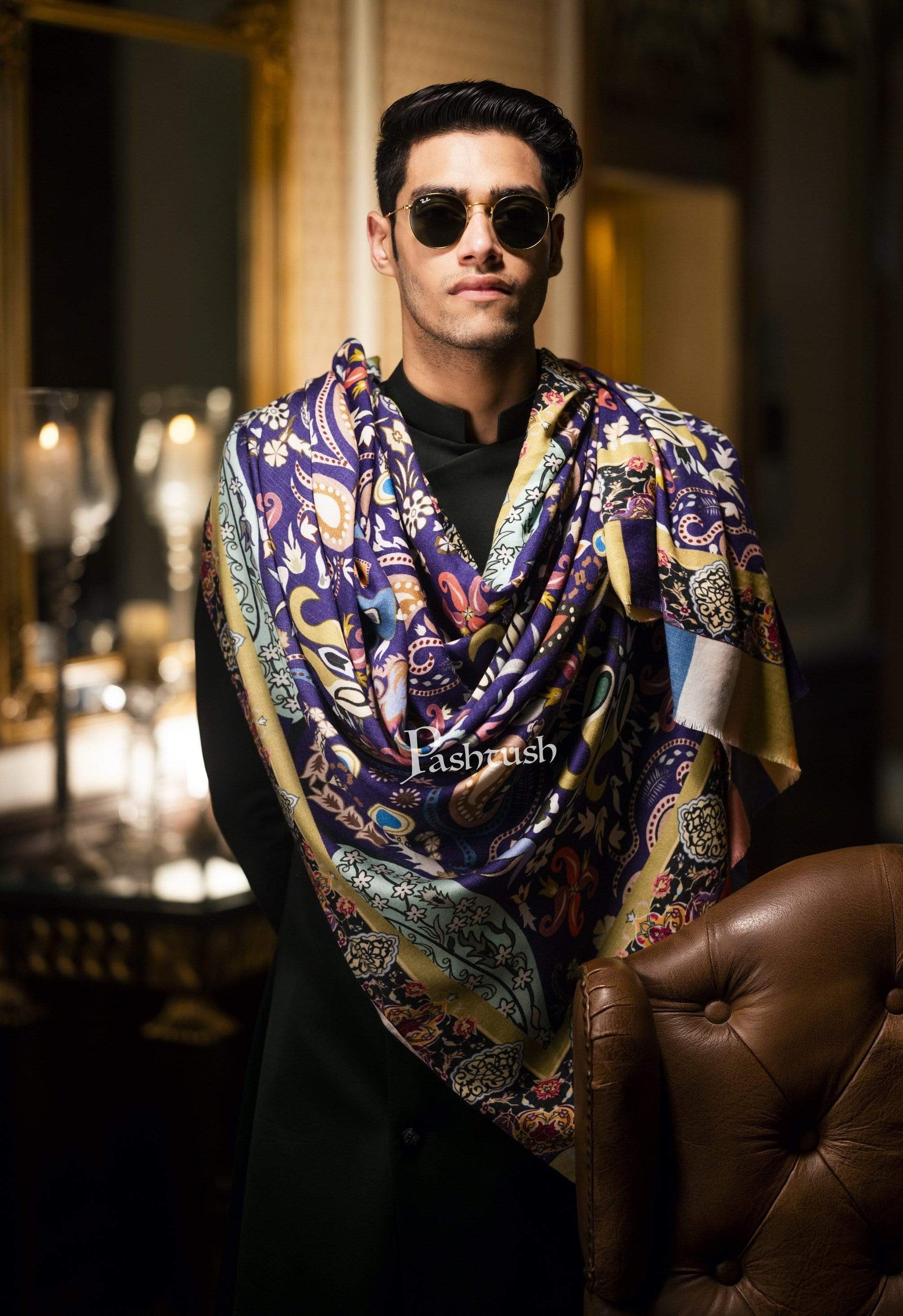 Pashtush India 100x200 Pashtush Mens Printed Stole, Multicoloured, 100% Pure Wool (Woolmark Certified)