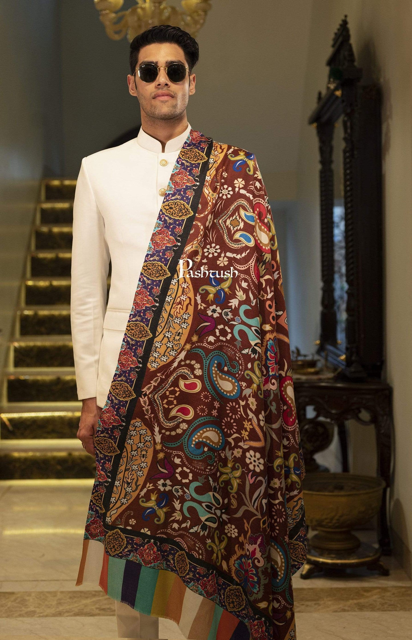 Pashtush India 100x200 Pashtush Mens Printed Stole, Multicoloured, 100% Pure Wool (Woolmark Certified)