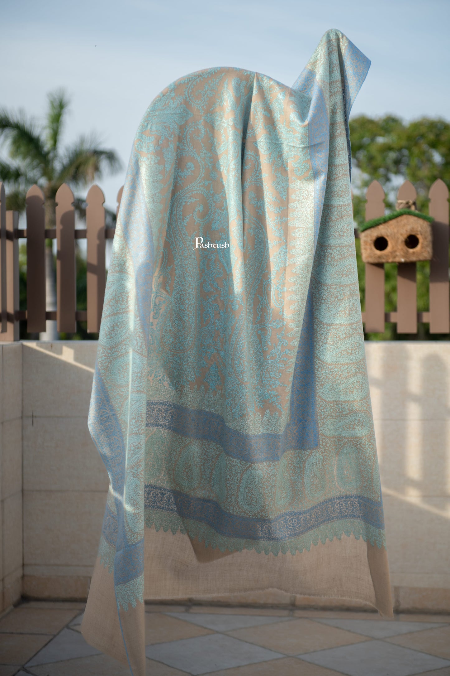 Pashtush India Mens Shawls Gents Shawl Pashtush Mens Pure Pashmina Shawl, Arabic Sea Blue