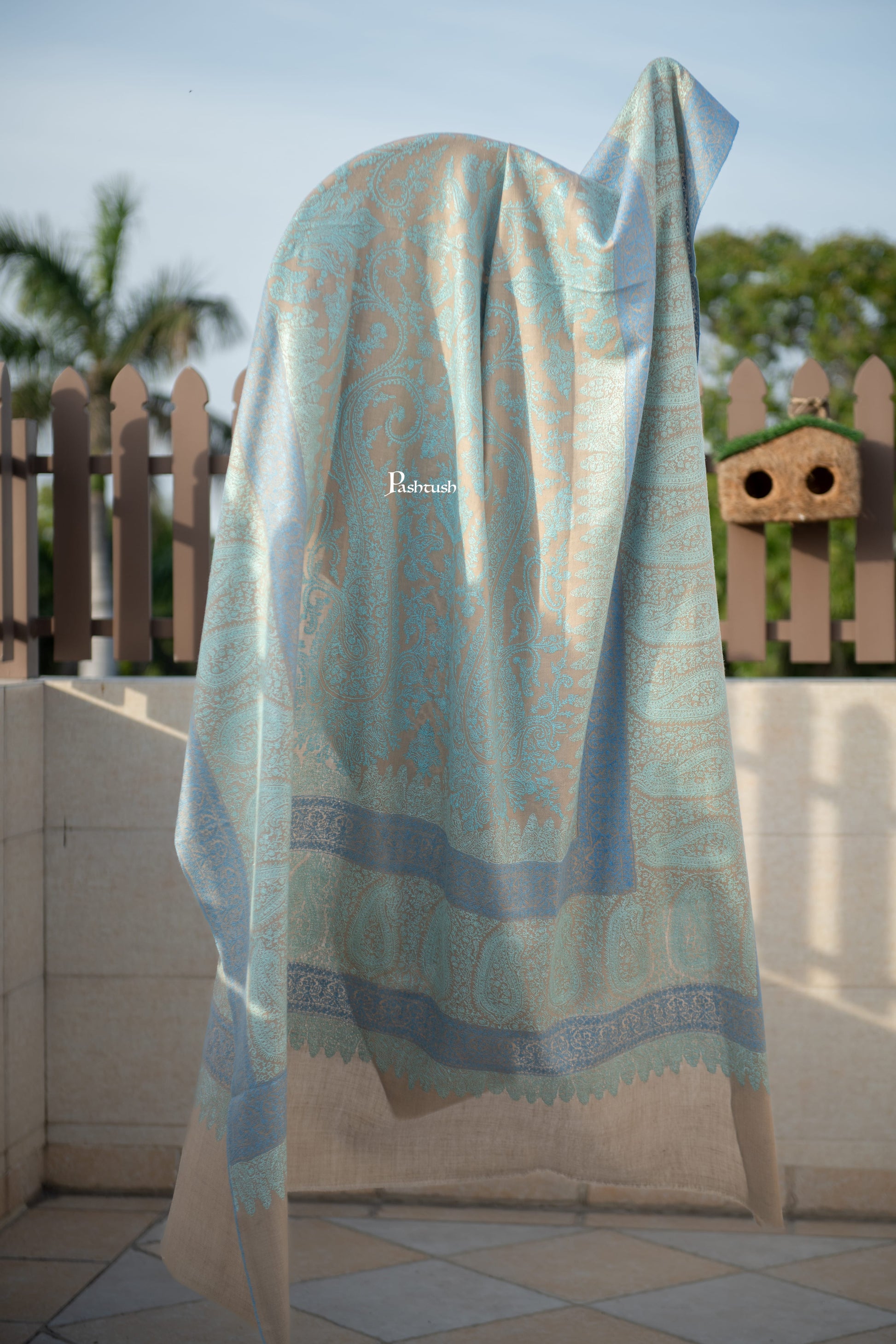 Pashtush India Mens Shawls Gents Shawl Pashtush Mens Pure Pashmina Shawl, Arabic Sea Blue