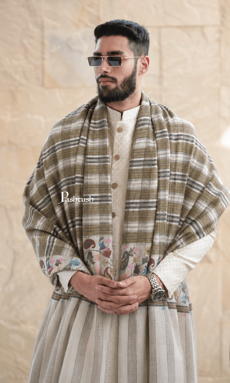 Pashtush India Mens Shawls Gents Shawl Pashtush Mens Pure Pashmina Shawl, Handwoven Kaani, Multicoloured Palla, Beige