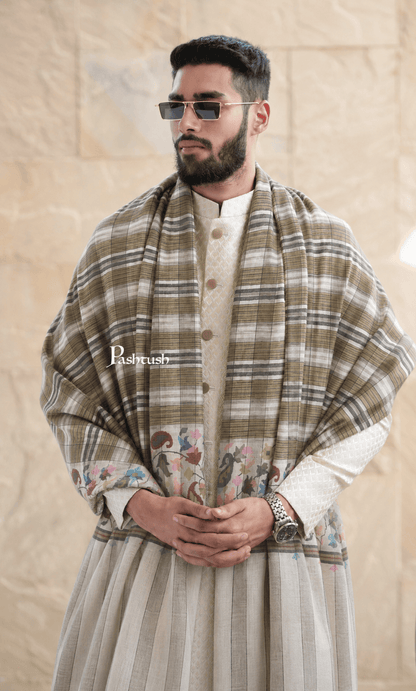 Pashtush India Mens Shawls Gents Shawl Pashtush Mens Pure Pashmina Shawl, Handwoven Kaani, Multicoloured Palla, Beige