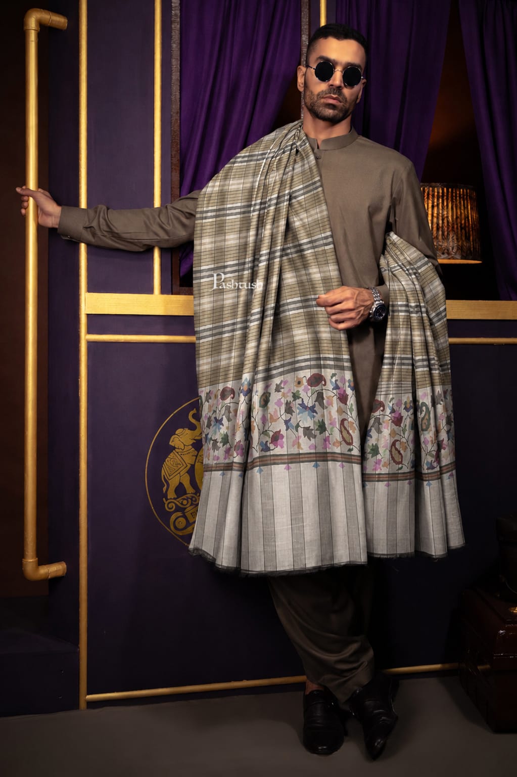 Pashtush India Mens Shawls Gents Shawl Pashtush Mens Pure Pashmina Shawl, Handwoven Kaani, Multicoloured Palla, Beige