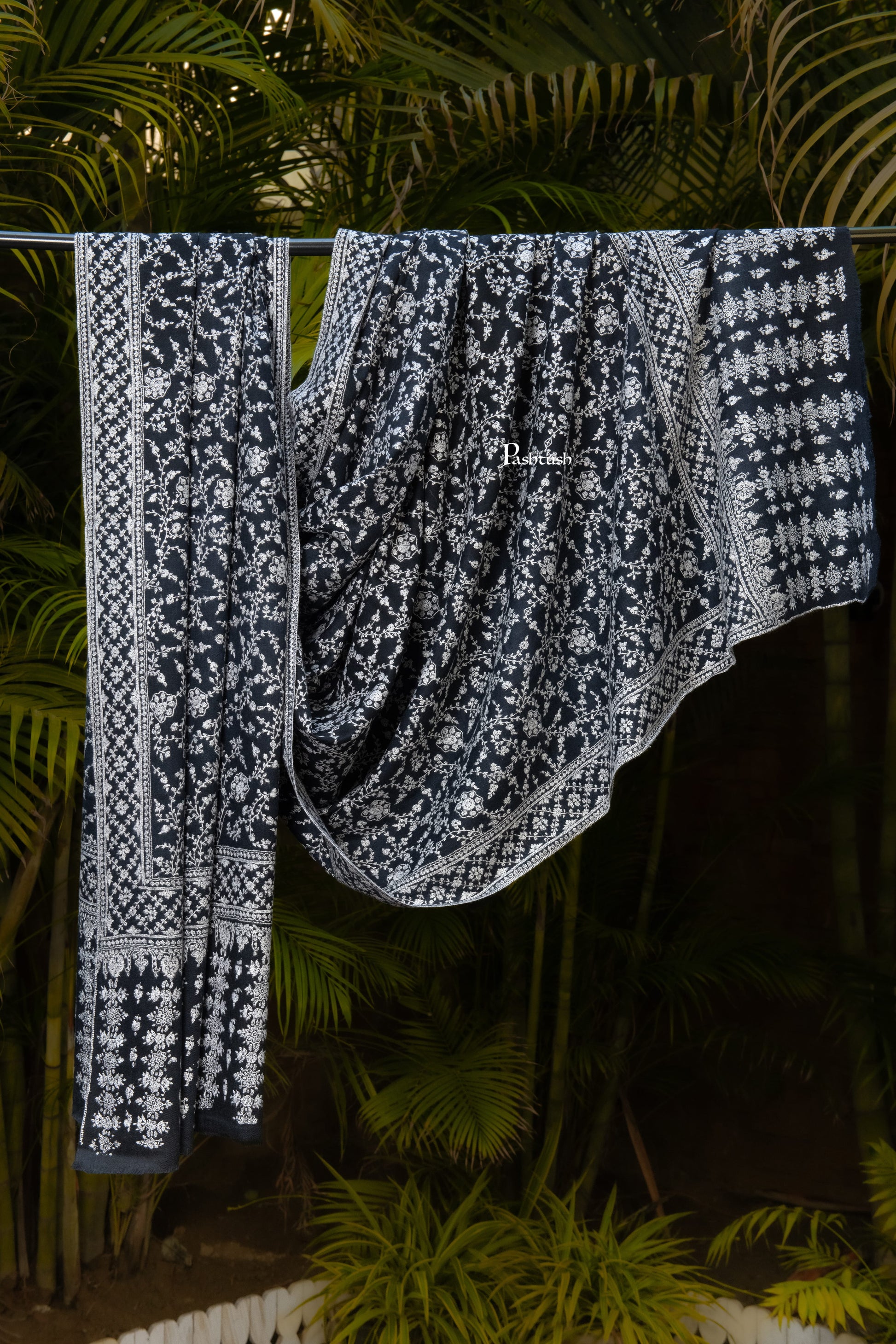 Pashtush India Mens Shawls Gents Shawl Pashtush Mens Pure Pashmina Shawl, Sozni Hand Embroidery, Hand Woven, Tonal Design, Black
