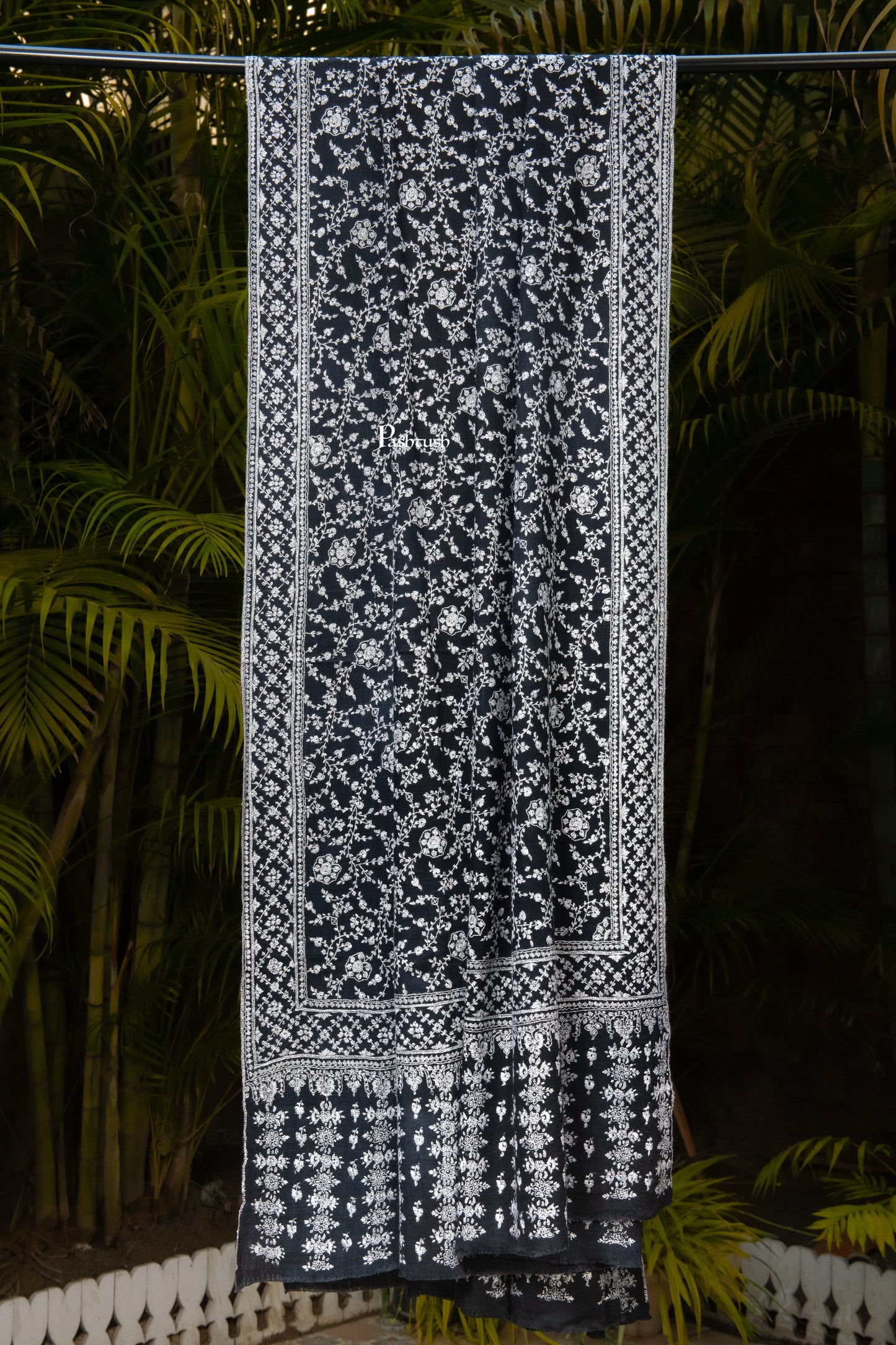 Pashtush India Mens Shawls Gents Shawl Pashtush Mens Pure Pashmina Shawl, Sozni Hand Embroidery, Hand Woven, Tonal Design, Black