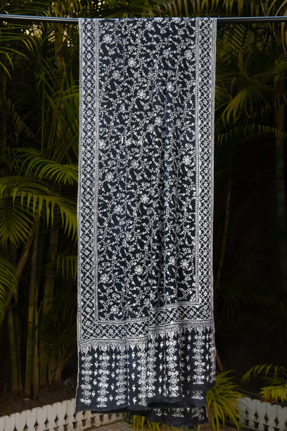Pashtush India Mens Shawls Gents Shawl Pashtush Mens Pure Pashmina Shawl, Sozni Hand Embroidery, Hand Woven, Tonal Design, Black