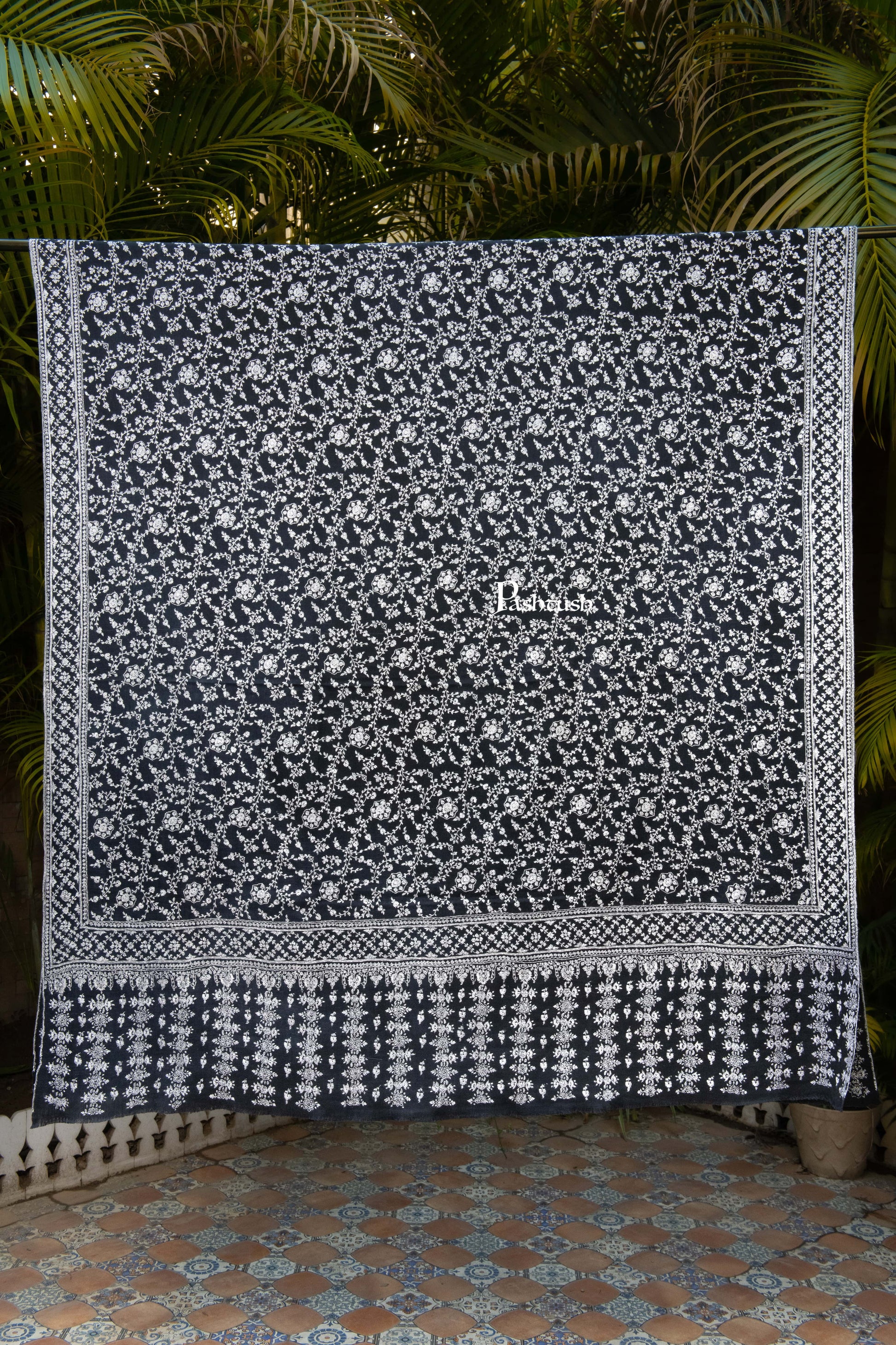 Pashtush India Mens Shawls Gents Shawl Pashtush Mens Pure Pashmina Shawl, Sozni Hand Embroidery, Hand Woven, Tonal Design, Black