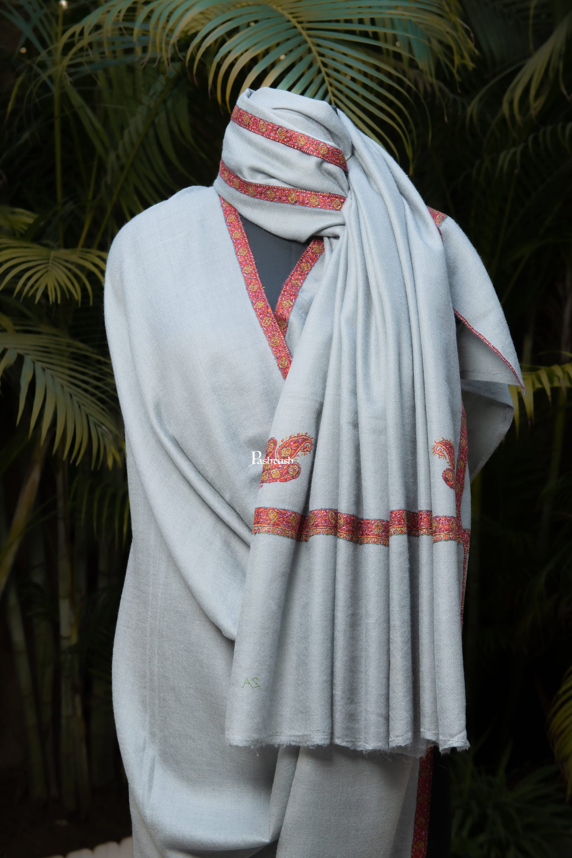 Pashtush India Mens Shawls Gents Shawl Pashtush Mens Pure Pashmina Shawl, Sozni Hand Embroidery, Hand Woven, Tonal Design, Grey