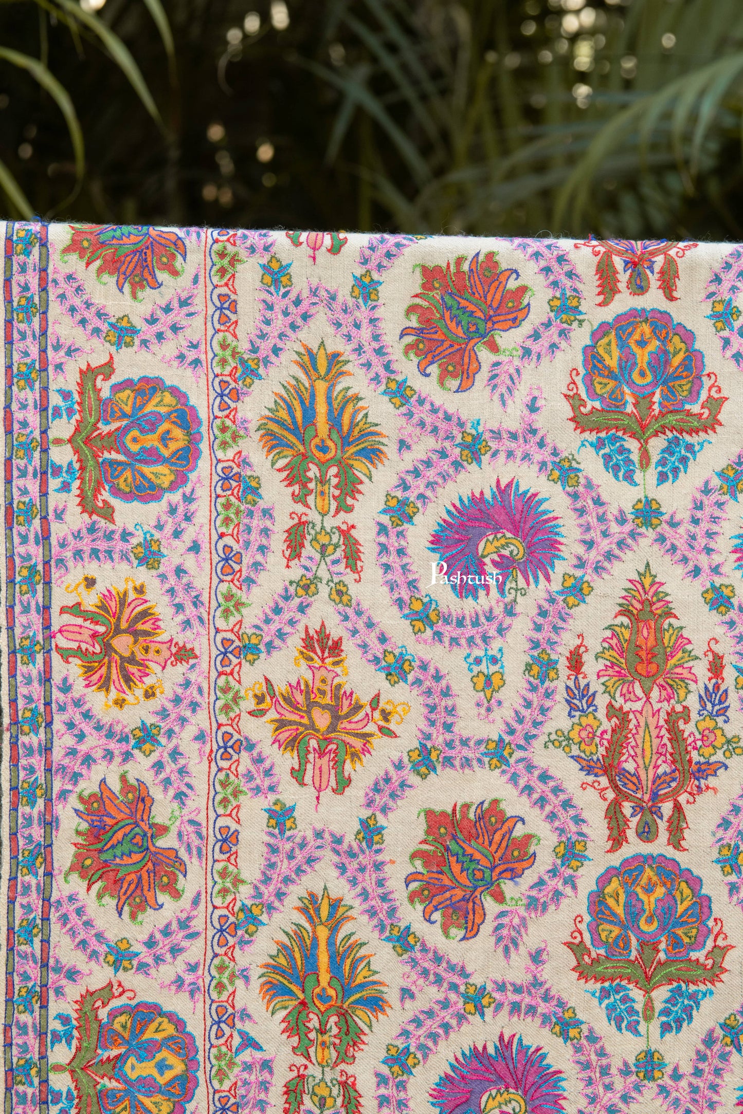 Pashtush India Mens Shawls Gents Shawl Pashtush Mens Pure Pashmina Shawl, Sozni Hand Embroidery, Hand Woven, Tonal Design, Multicolour With Natural Woven Base