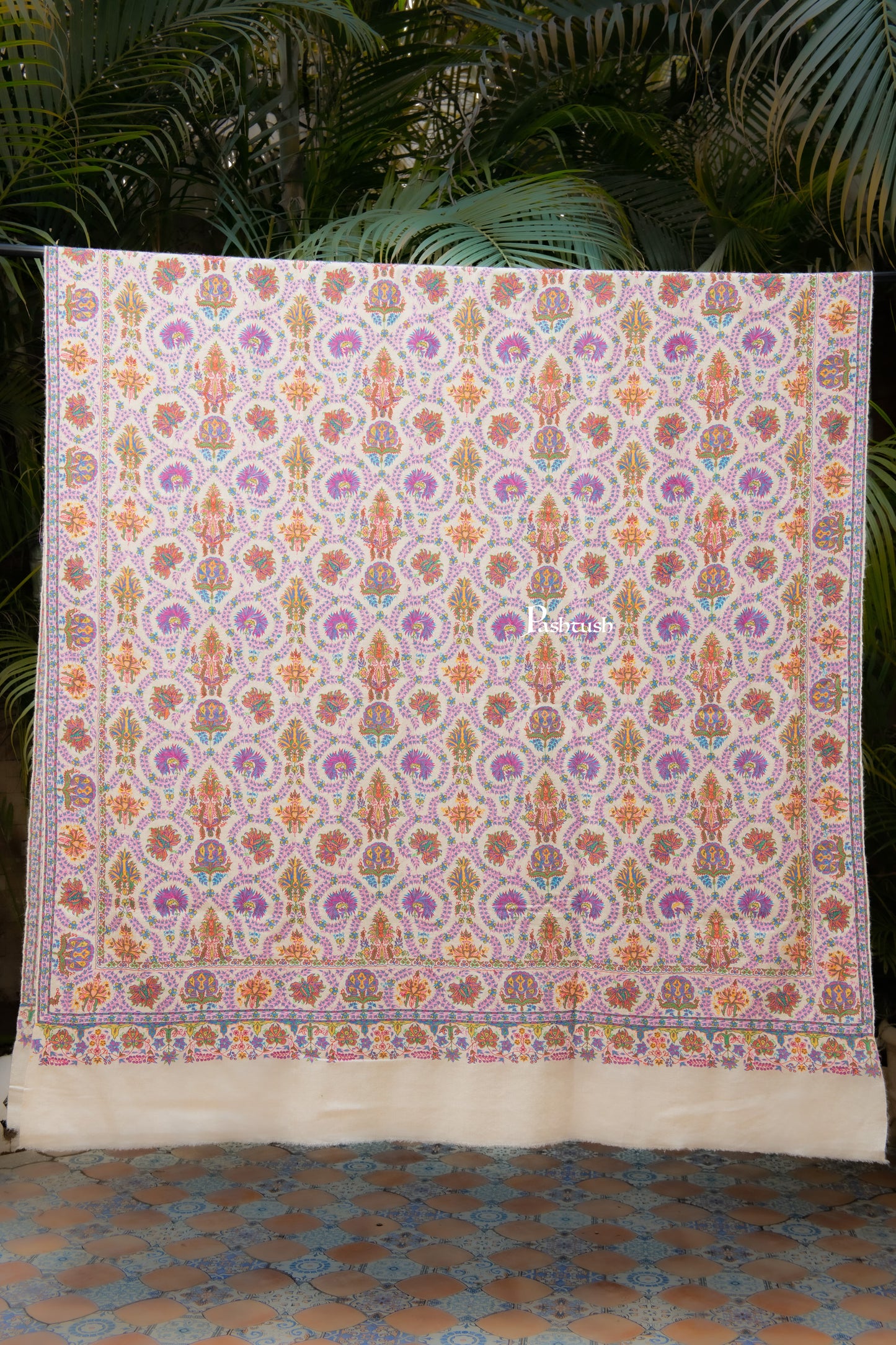 Pashtush India Mens Shawls Gents Shawl Pashtush Mens Pure Pashmina Shawl, Sozni Hand Embroidery, Hand Woven, Tonal Design, Multicolour With Natural Woven Base