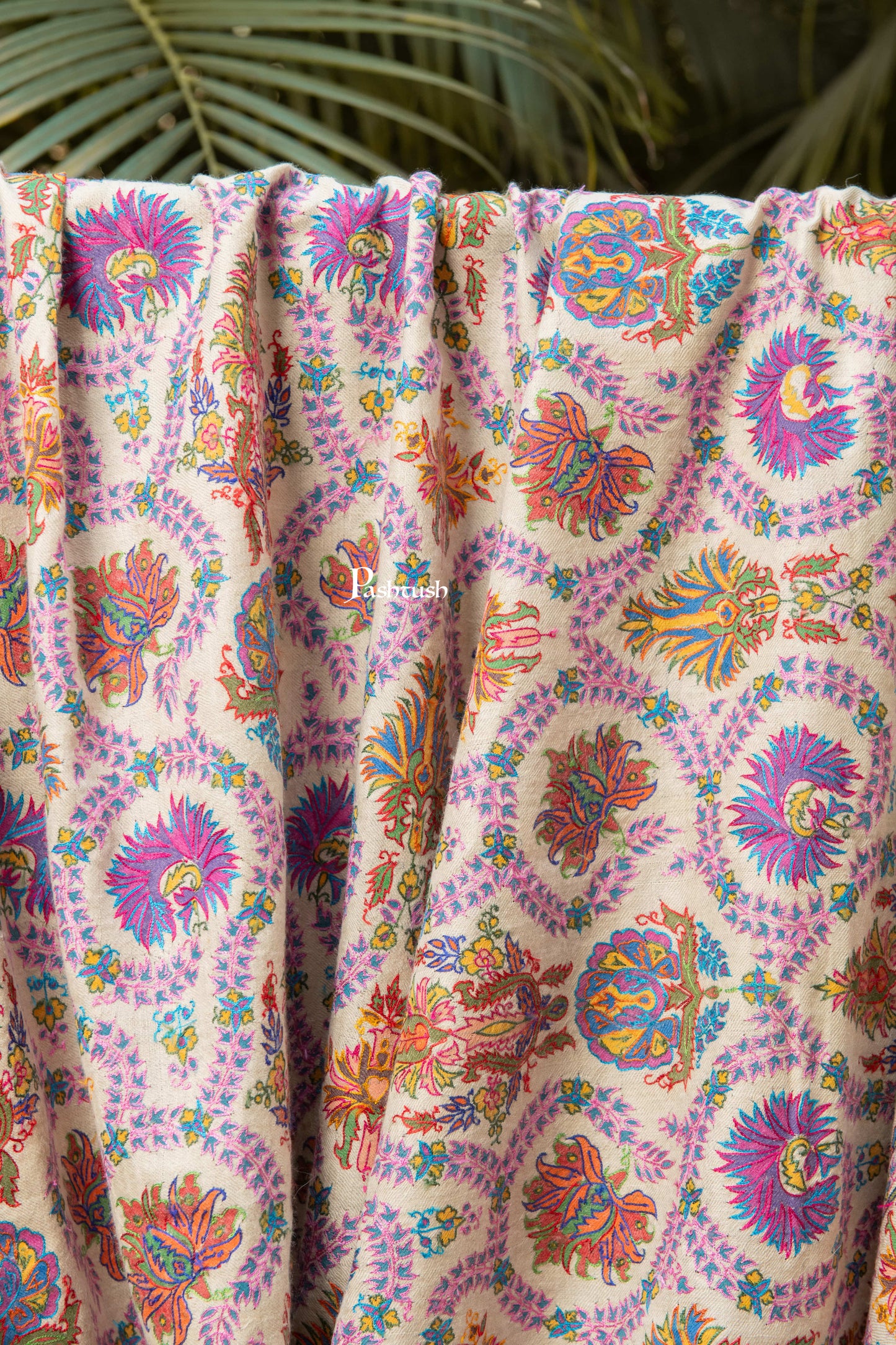Pashtush India Mens Shawls Gents Shawl Pashtush Mens Pure Pashmina Shawl, Sozni Hand Embroidery, Hand Woven, Tonal Design, Multicolour With Natural Woven Base
