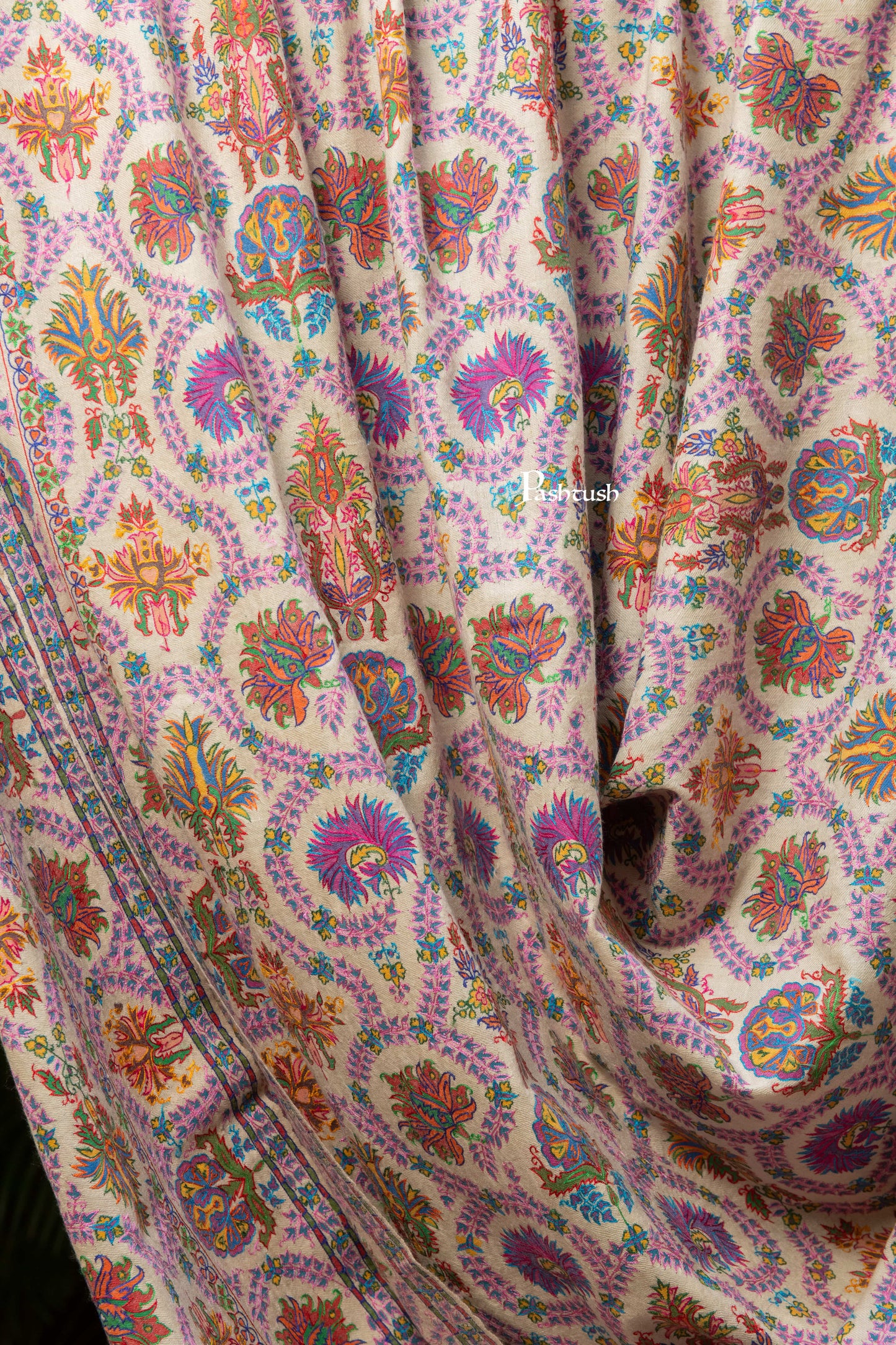 Pashtush India Mens Shawls Gents Shawl Pashtush Mens Pure Pashmina Shawl, Sozni Hand Embroidery, Hand Woven, Tonal Design, Multicolour With Natural Woven Base