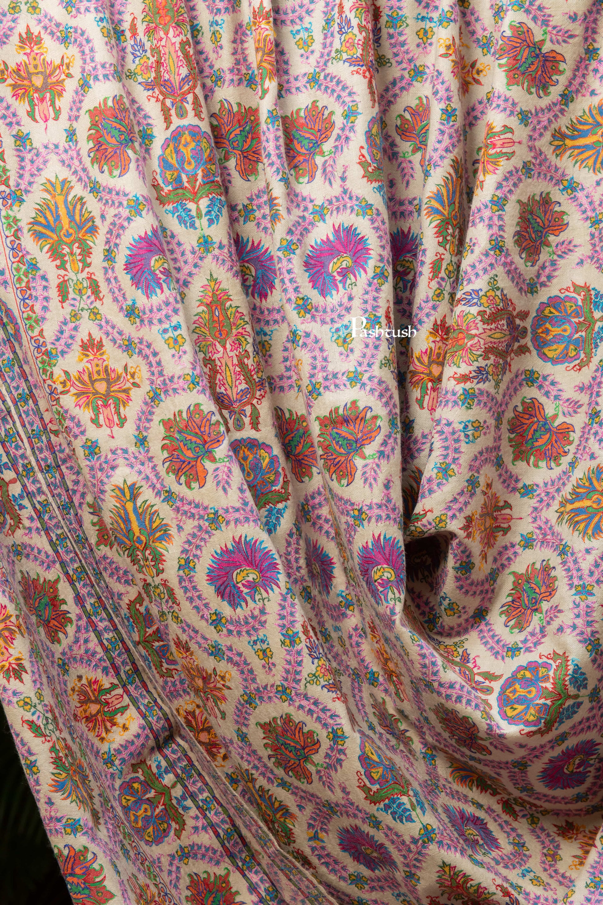 Pashtush India Mens Shawls Gents Shawl Pashtush Mens Pure Pashmina Shawl, Sozni Hand Embroidery, Hand Woven, Tonal Design, Multicolour With Natural Woven Base