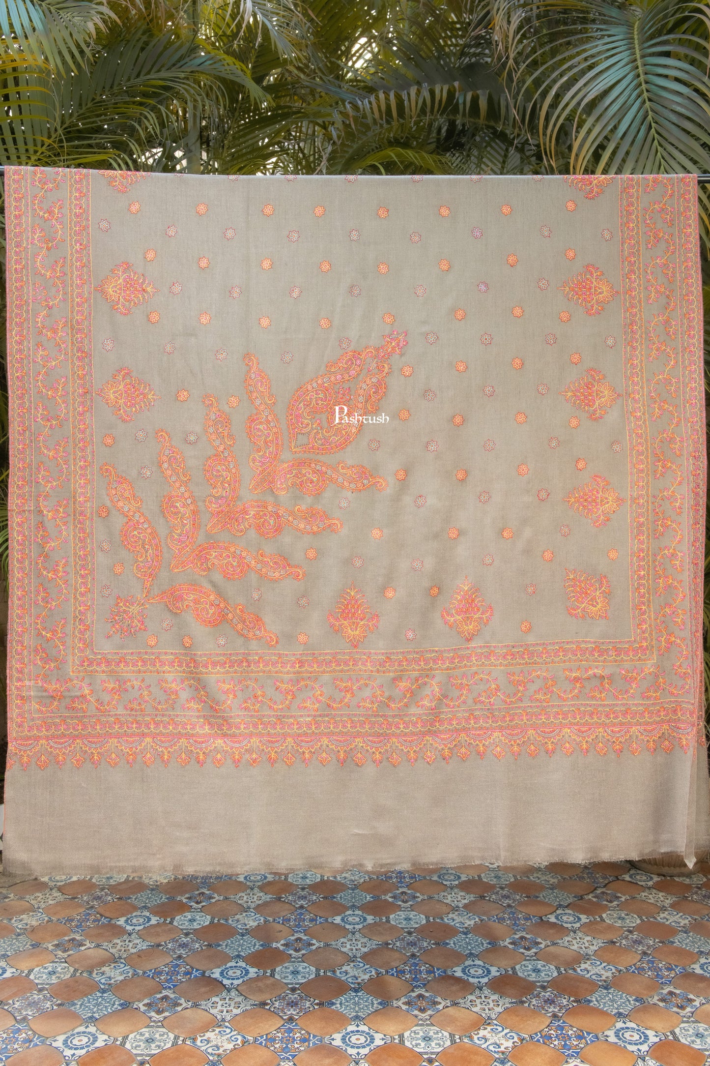 Pashtush India Mens Shawls Gents Shawl Pashtush Mens Pure Pashmina Shawl, Sozni Hand Embroidery, Hand Woven, Tonal Design, Taupe