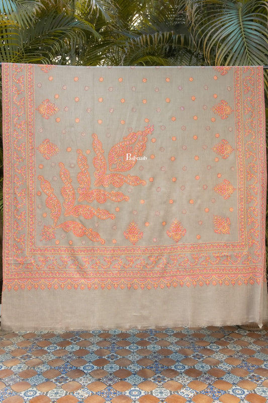 Pashtush India Mens Shawls Gents Shawl Pashtush Mens Pure Pashmina Shawl, Sozni Hand Embroidery, Hand Woven, Tonal Design, Taupe