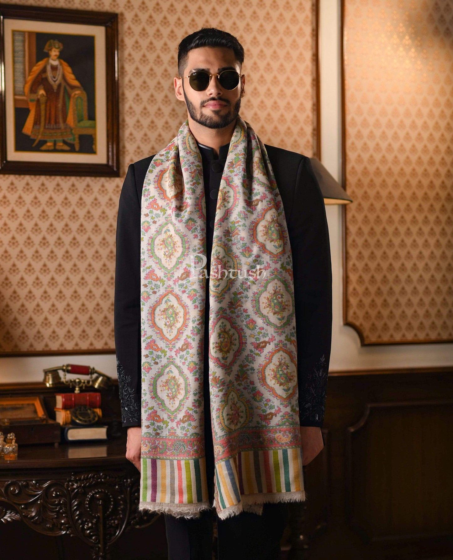 Pashtush India 70x200 Pashtush Mens Pure Wool Ethnic Stole, With Woolmark Certification