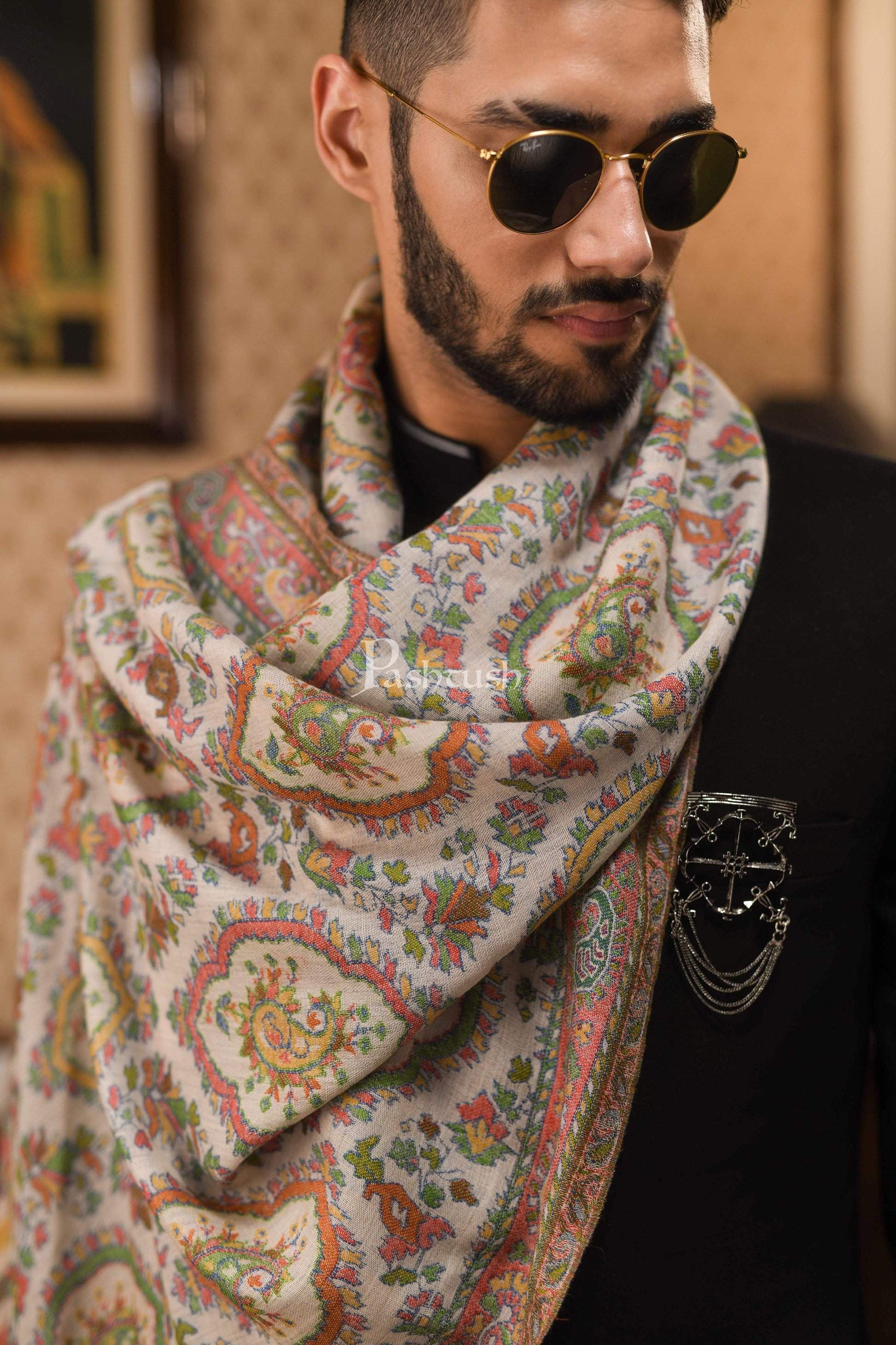 Pashtush India 70x200 Pashtush Mens Pure Wool Ethnic Stole, With Woolmark Certification