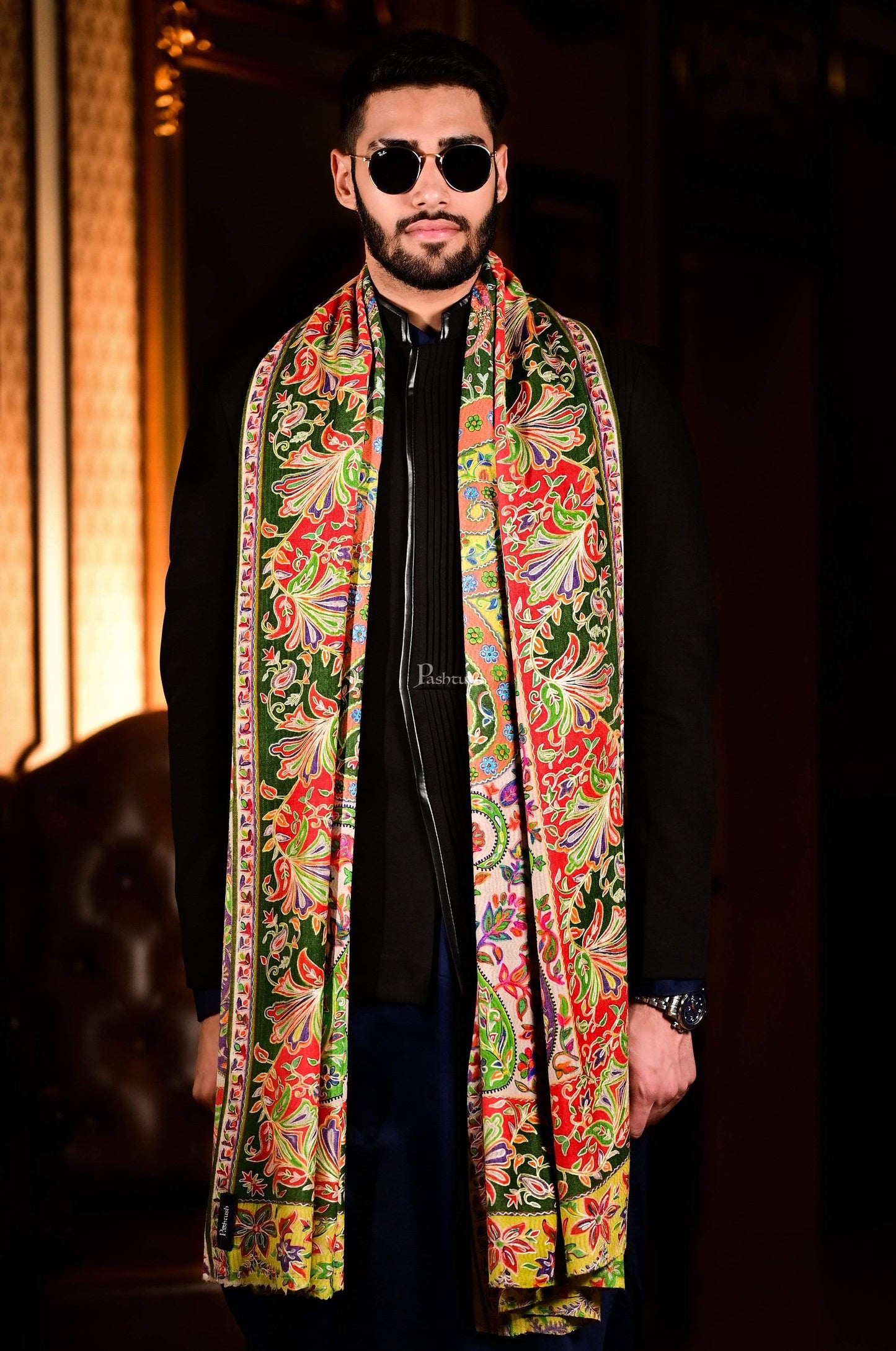 Pashtush India 100x200 Pashtush Mens Pure Wool, Hand Embroidered Kalamkari Shawl, With Woolmark Certificate
