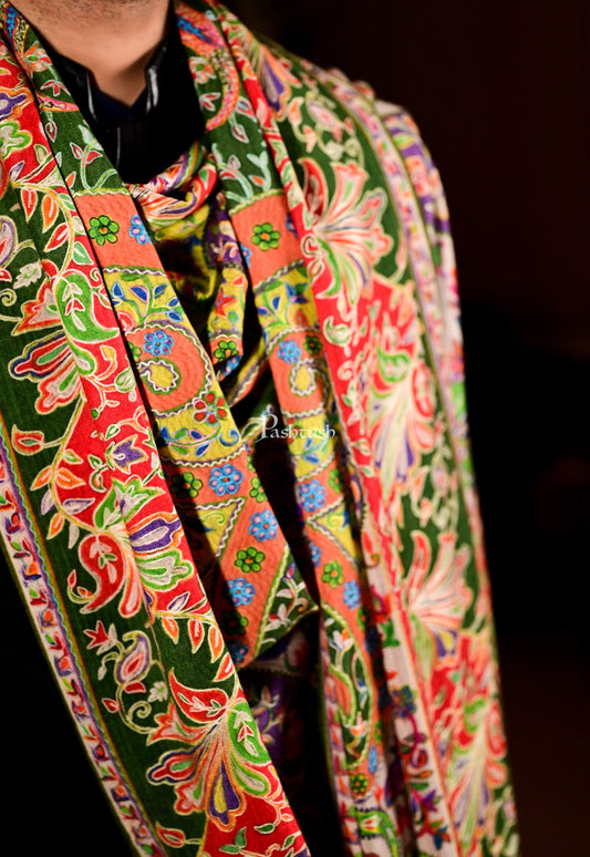 Pashtush India 100x200 Pashtush Mens Pure Wool, Hand Embroidered Kalamkari Shawl, With Woolmark Certificate