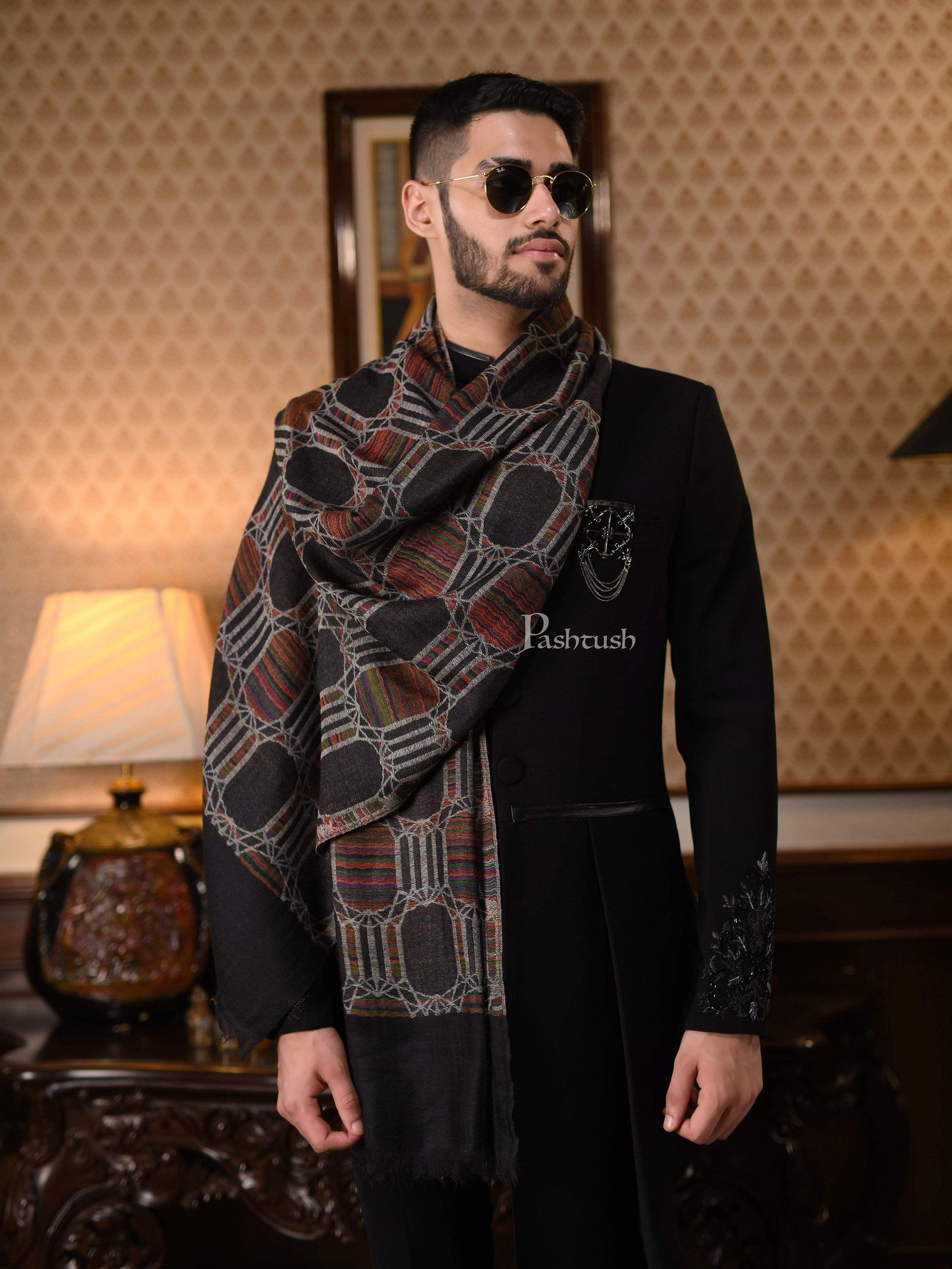 Pashtush India 70x200 Pashtush Mens Pure Wool, Honeycomb Weave Stole, With Woolmark Certificate