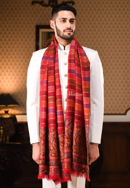 Pashtush India 70x200 Pashtush Mens Pure Wool Striped Kaani Stole
