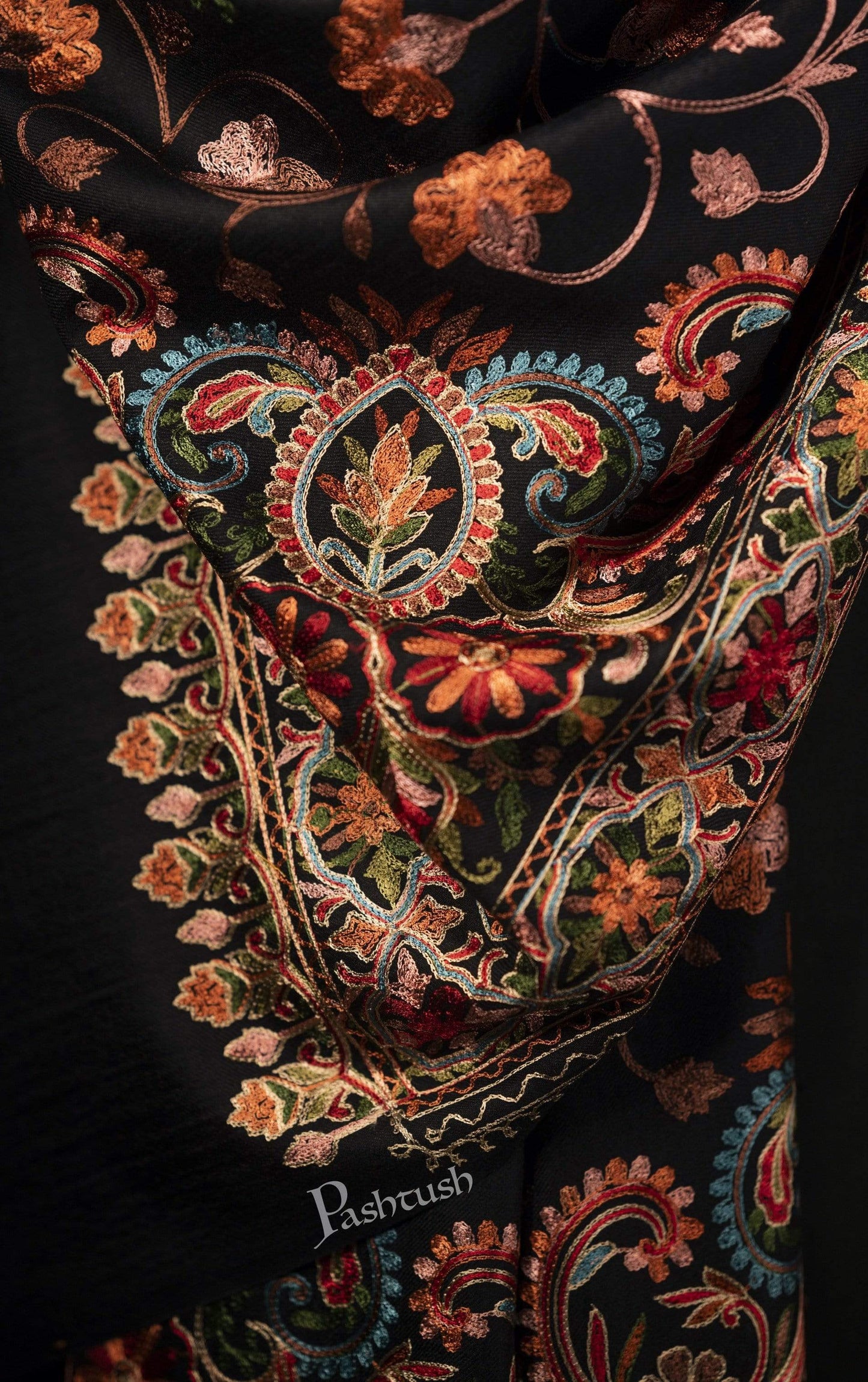 Pashtush India 70x200 Pashtush Mens Regal Collection, Fine Wool Embroidery Stole, Rich Black