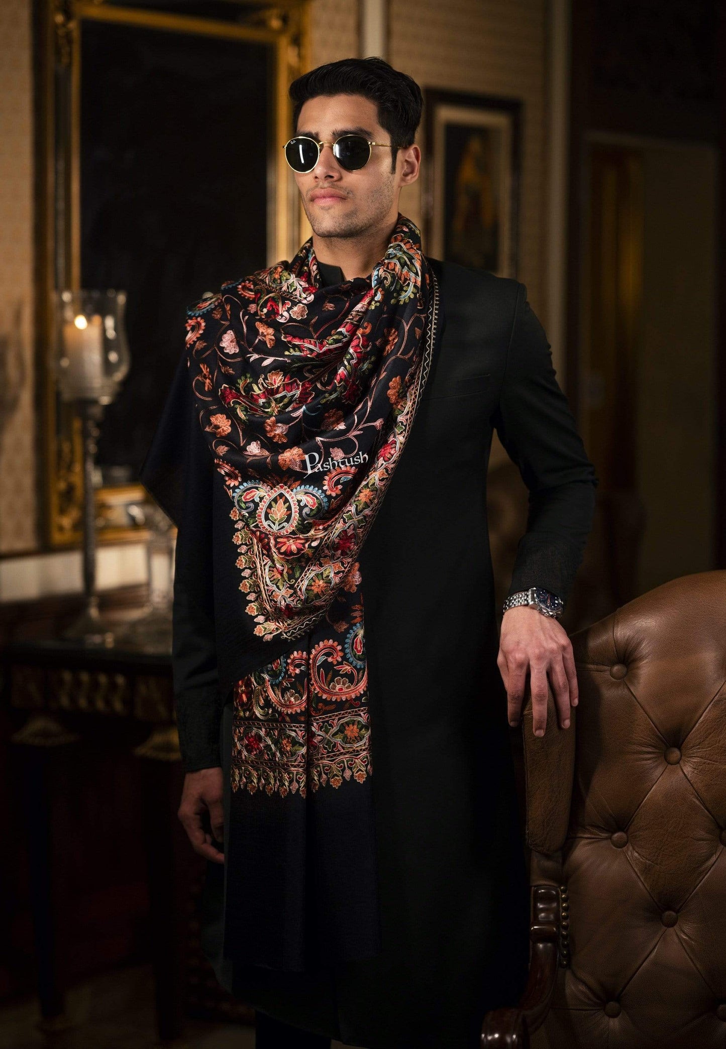 Pashtush India 70x200 Pashtush Mens Regal Collection, Fine Wool Embroidery Stole, Rich Black