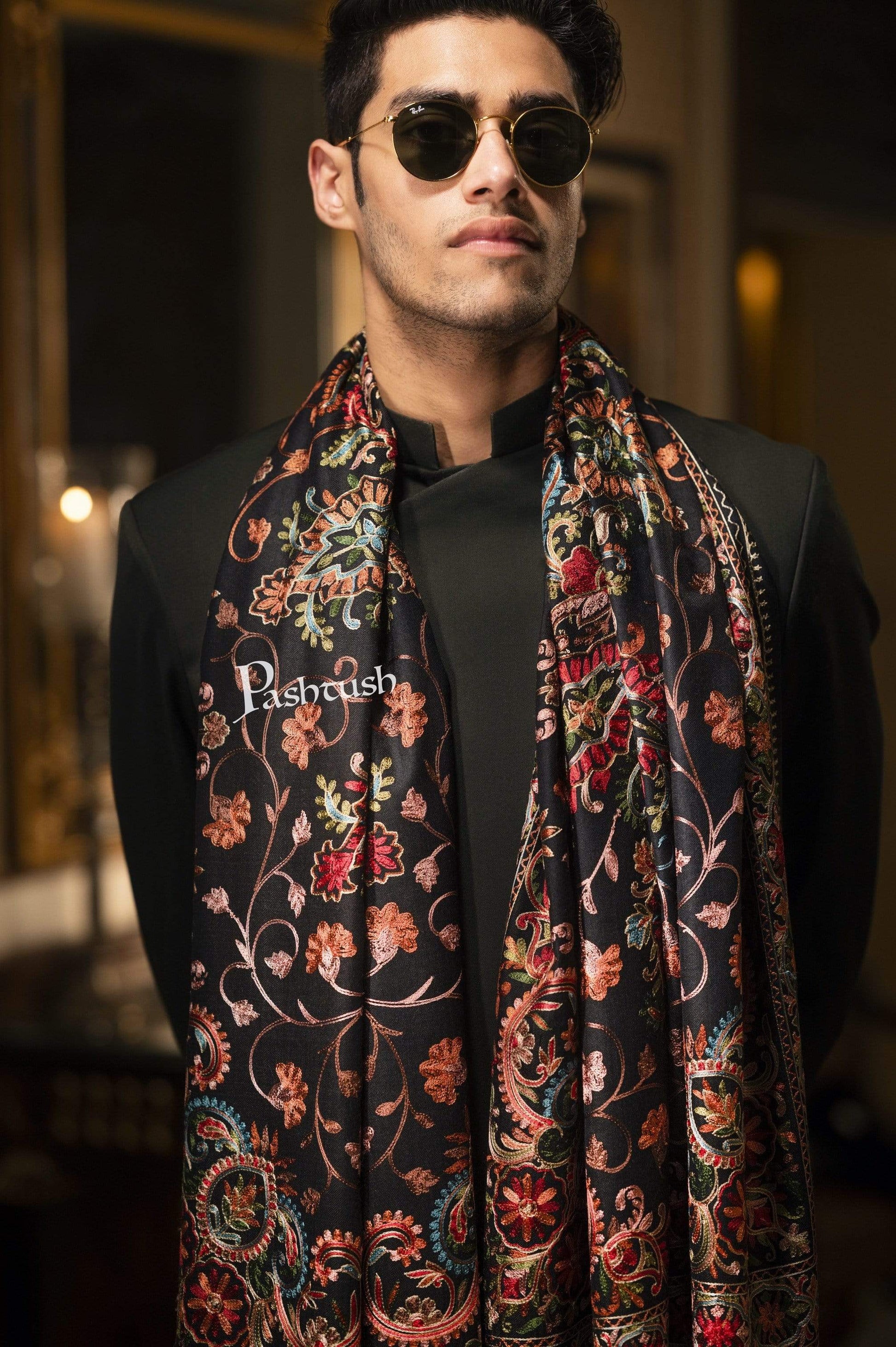Pashtush India 70x200 Pashtush Mens Regal Collection, Fine Wool Embroidery Stole, Rich Black