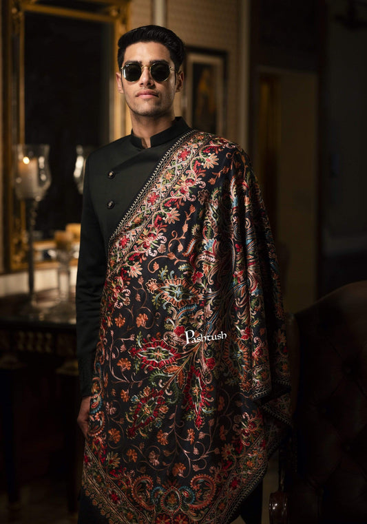 Pashtush India 70x200 Pashtush Mens Regal Collection, Fine Wool Embroidery Stole, Rich Black