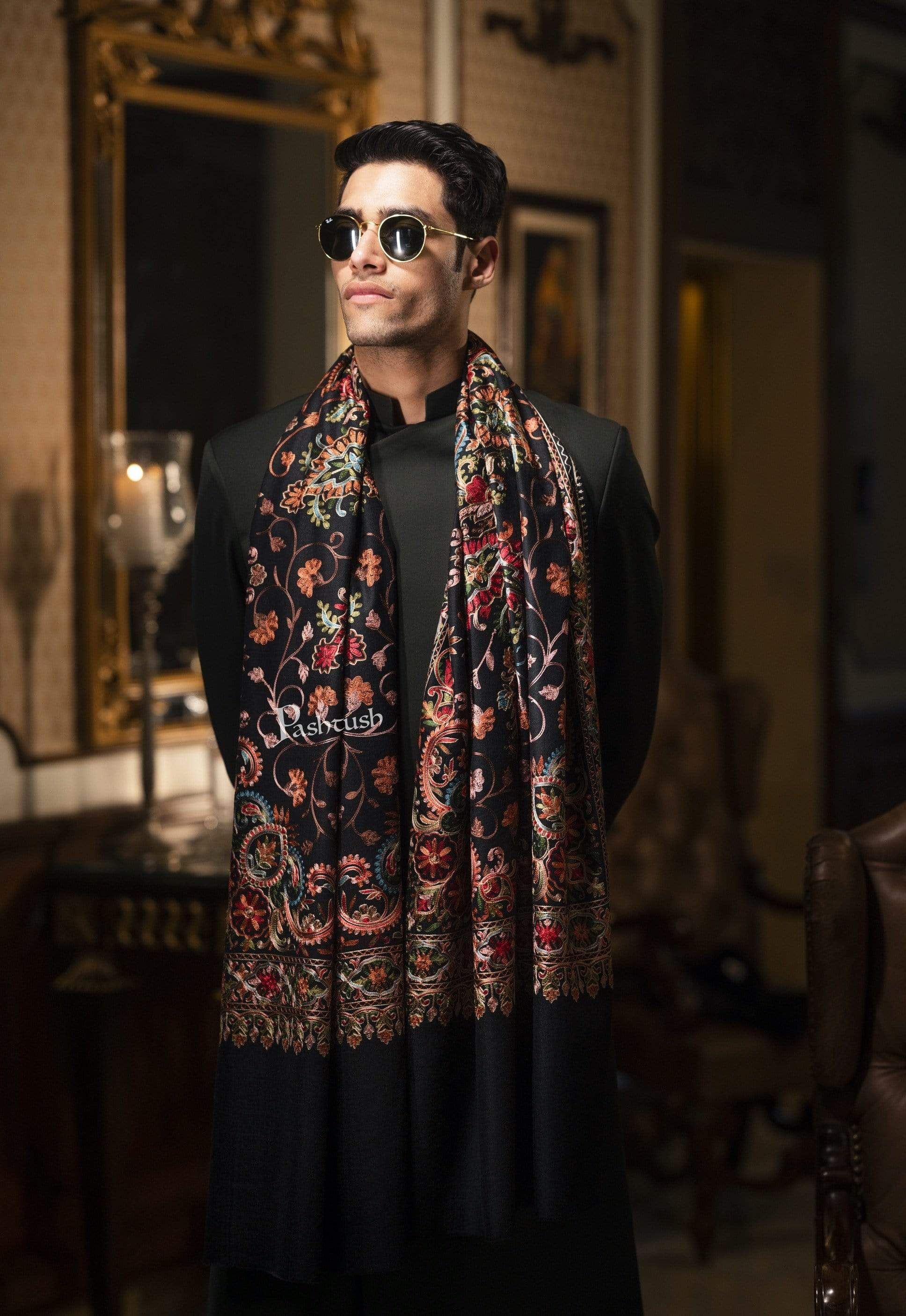 Pashtush India 70x200 Pashtush Mens Regal Collection, Fine Wool Embroidery Stole, Rich Black
