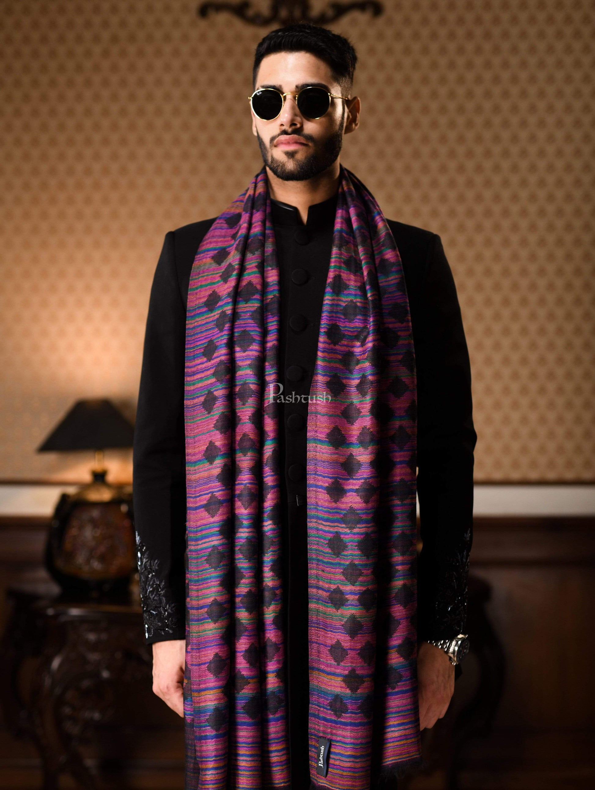 Pashtush India 70x200 Pashtush Mens Reversible Stole, 100% Pure Wool With Woolmark Certification, Multi coloured
