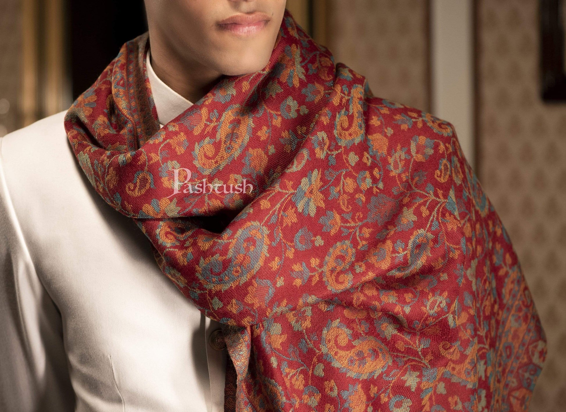 Pashtush India 70x200 Pashtush Mens Reversible Stole, Chanting Paisley Weave Scarf, Crimson Maroon