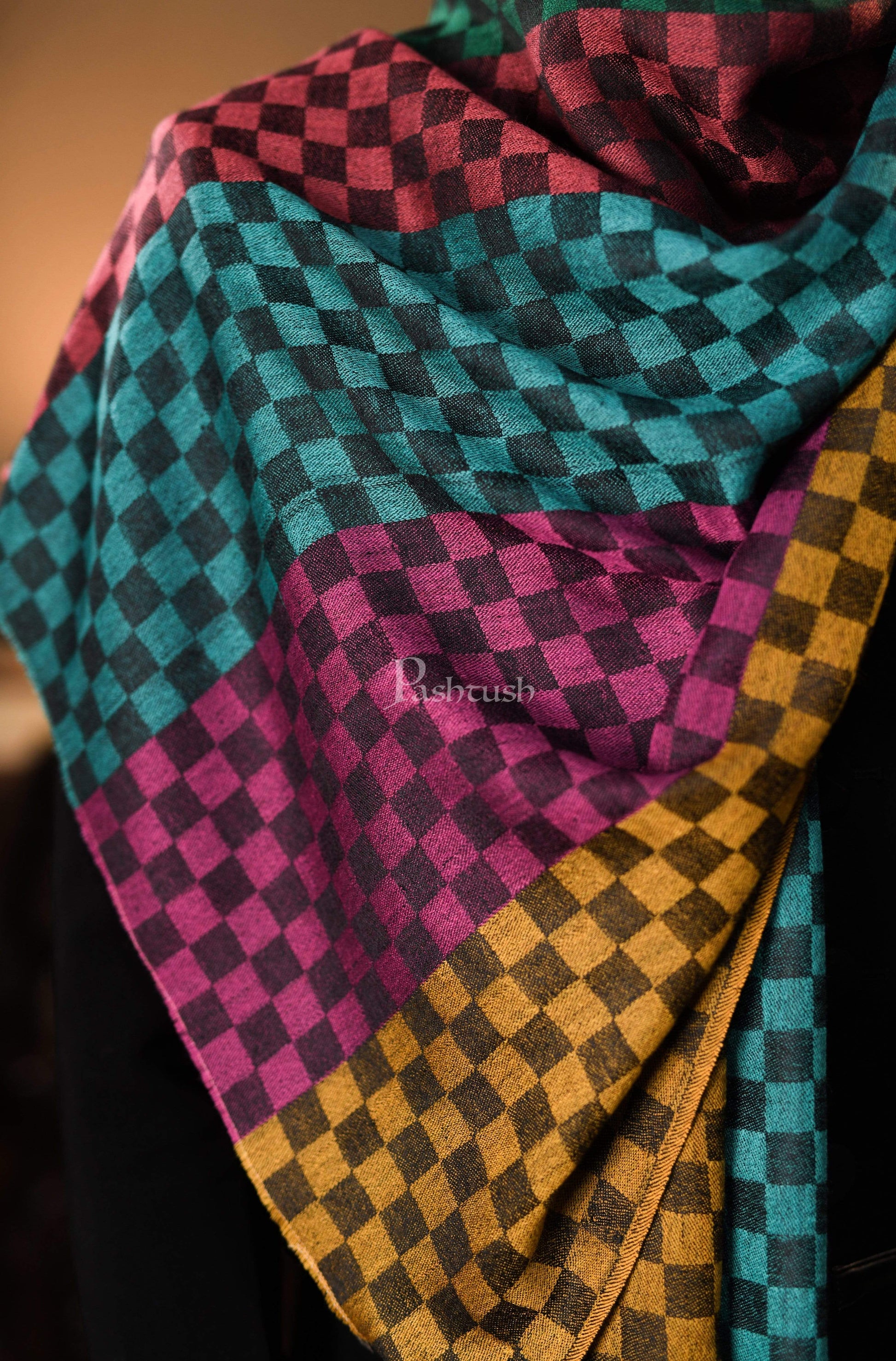 Pashtush India 70x200 Pashtush Mens Reversible Stole, checkered design Multi coloured