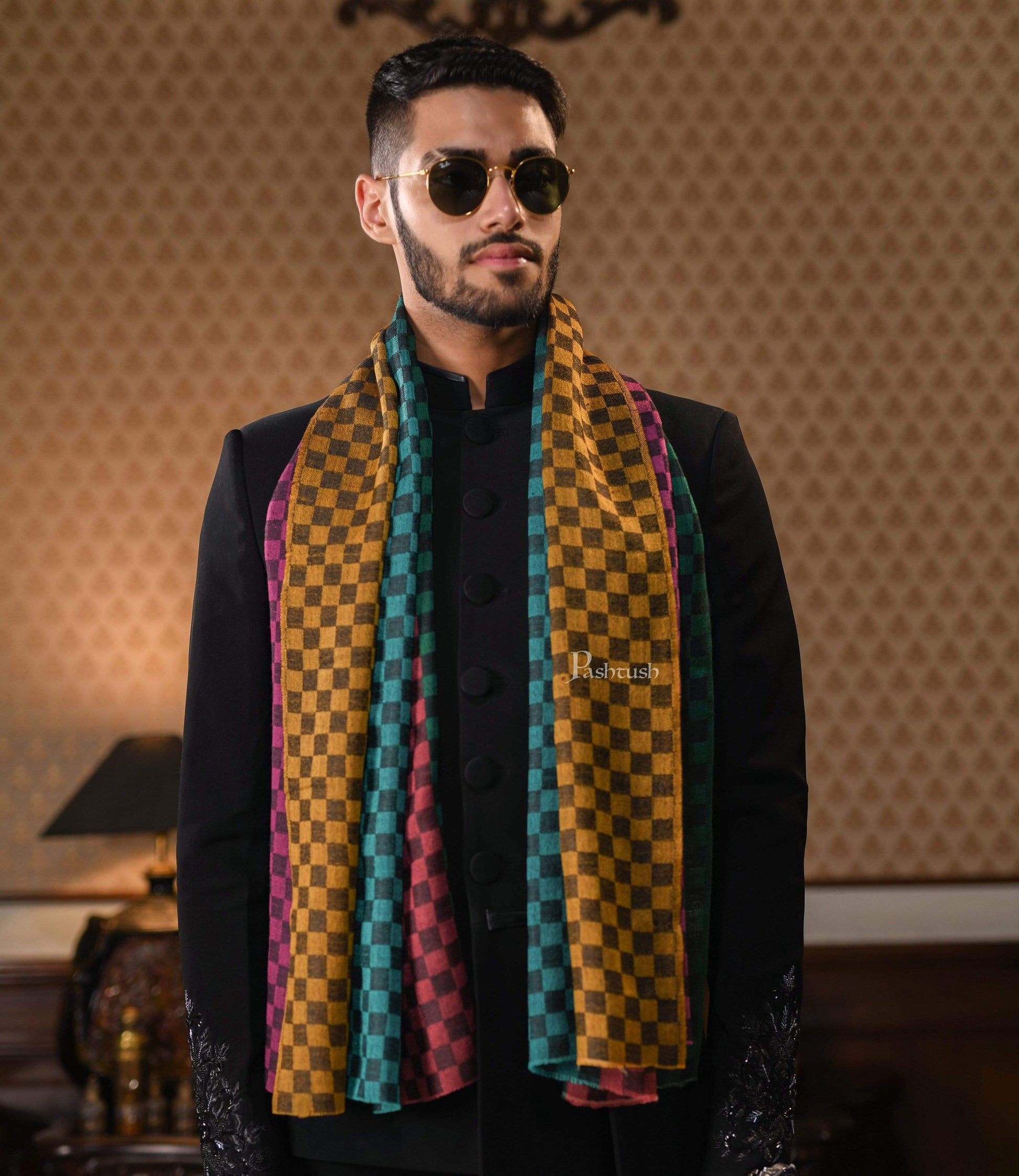 Pashtush India 70x200 Pashtush Mens Reversible Stole, checkered design Multi coloured