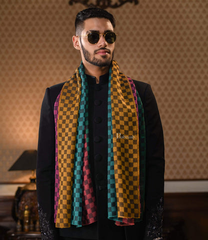 Pashtush India 70x200 Pashtush Mens Reversible Stole, checkered design Multi coloured