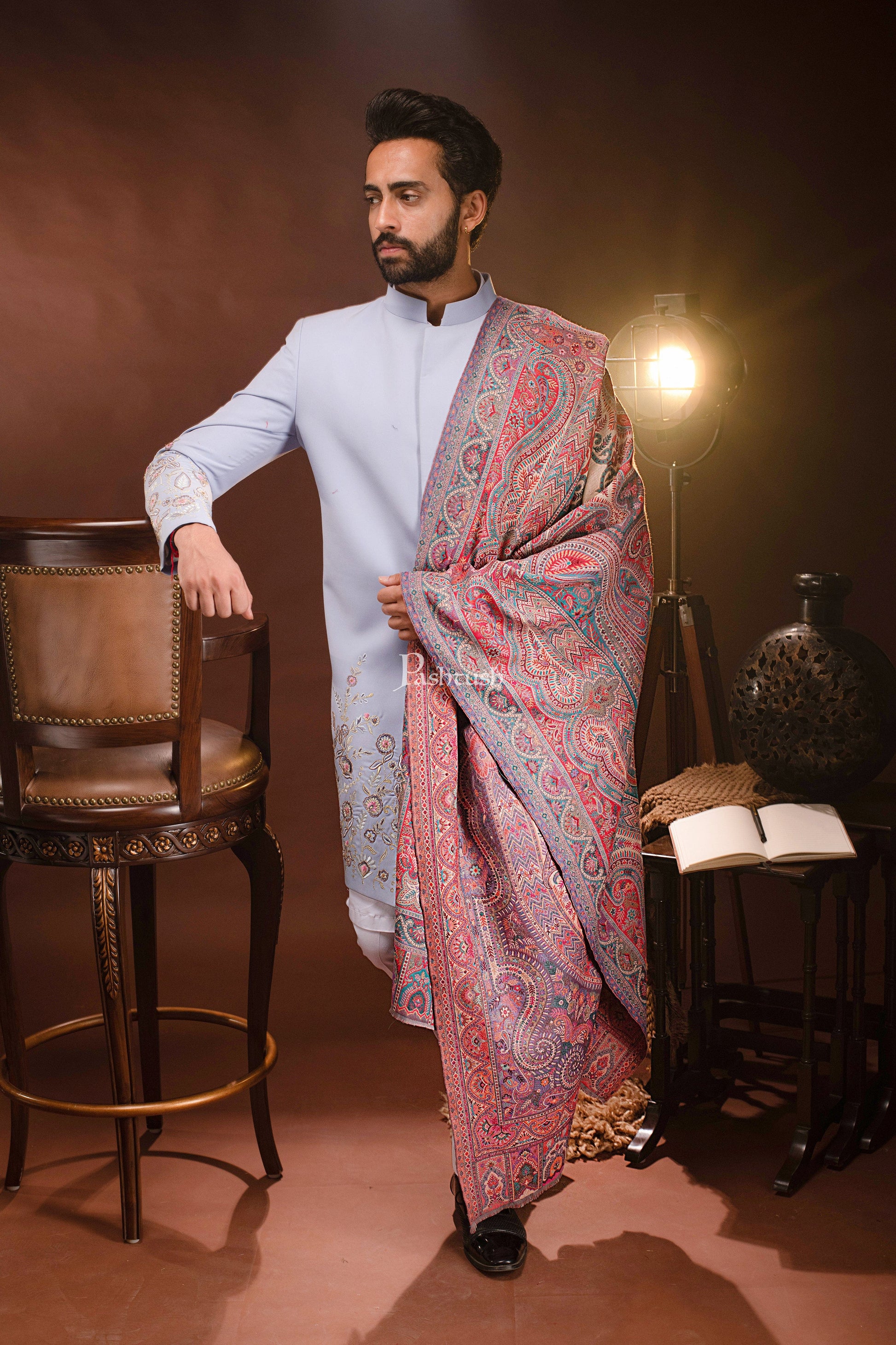 Pashtush India Mens Scarves Stoles and Mufflers Pashtush Mens Reversible Stole, Faux Pashmina, Woven Antique Heritage Design, Jamawar, Multicolour