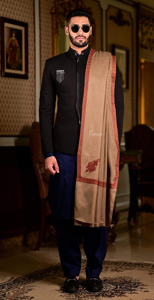 Pashtush India 127x254 Pashtush Mens Shawl, Embroidery Haashia Dushala, Taupe