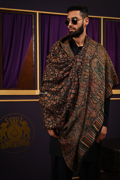 Pashtush India Mens Shawls Gents Shawl Pashtush Mens Shawl, Fine Wool, Full Size, Ethnic Jamawar Woven Design, Black