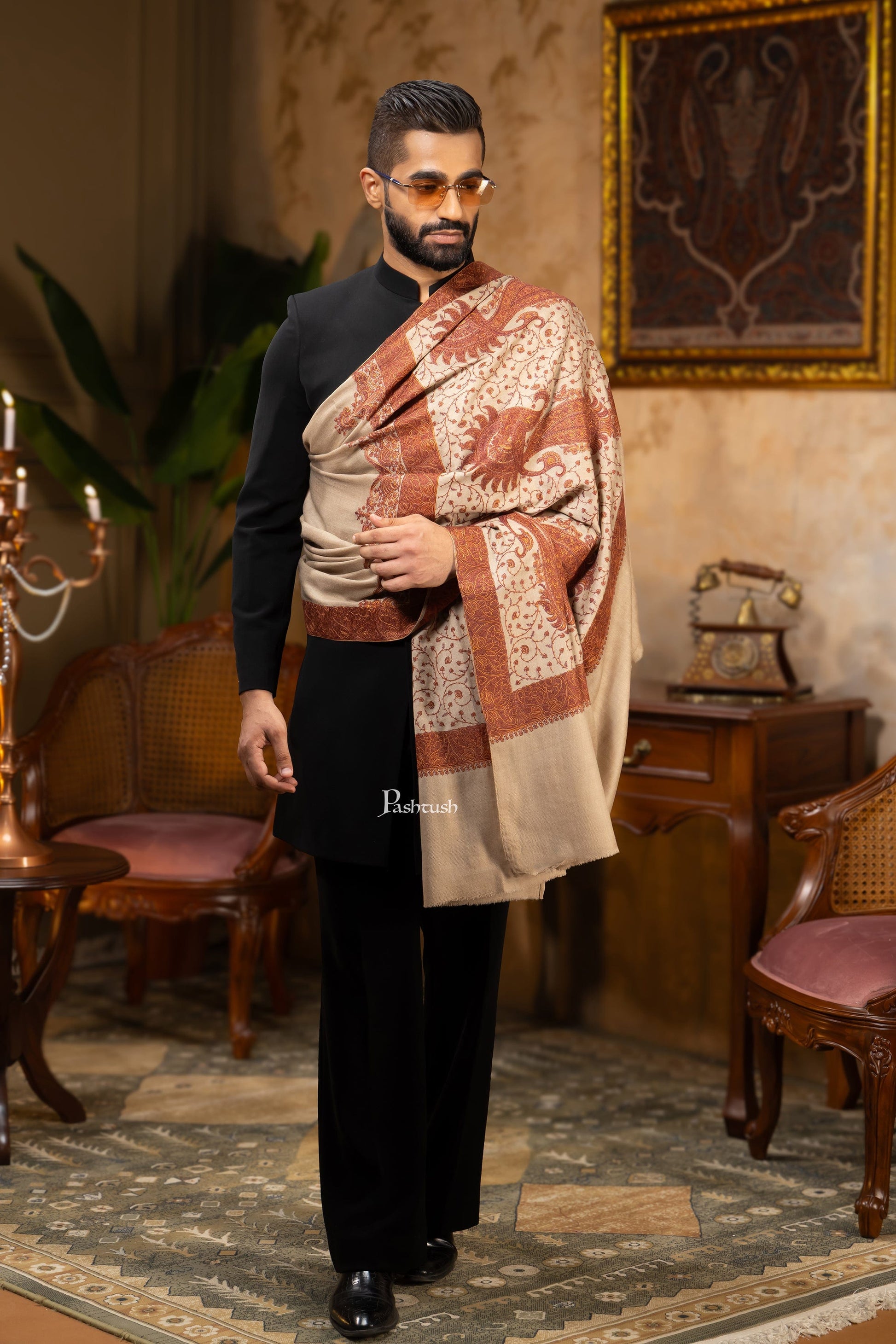 Pashtush India Mens Shawls Gents Shawl Pashtush Mens Shawl, Fine Wool, Full Size, Palla Embroidery, Taupe