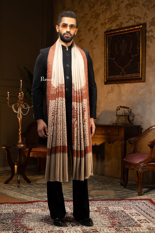 Pashtush India Mens Shawls Gents Shawl Pashtush Mens Shawl, Fine Wool, Full Size, Palla Embroidery, Taupe