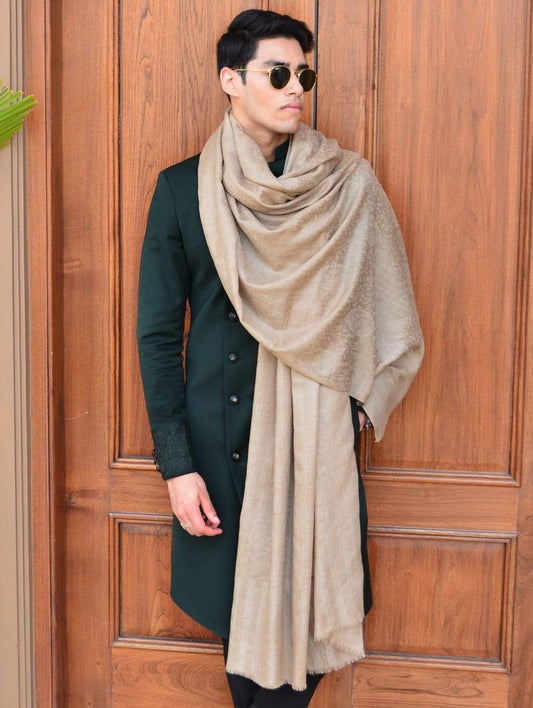 Pashtush Mens Shawl Fine Wool Self Jacquard Soft And Light Weight Beige