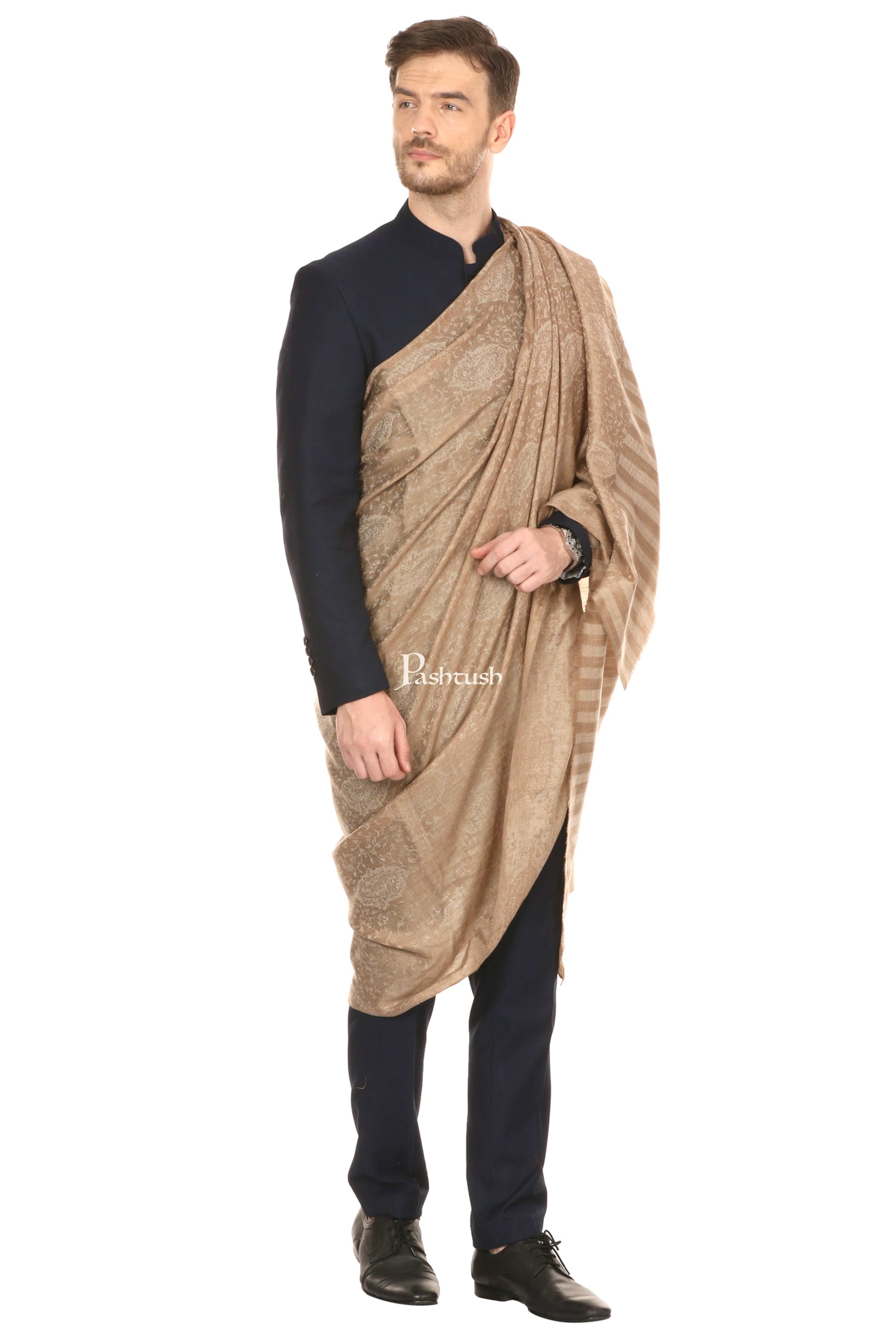 Pashtush India Mens Shawls Gents Shawl Pashtush Mens Shawl, Fine Wool Jacquard Weave, Soft And Light Weight
