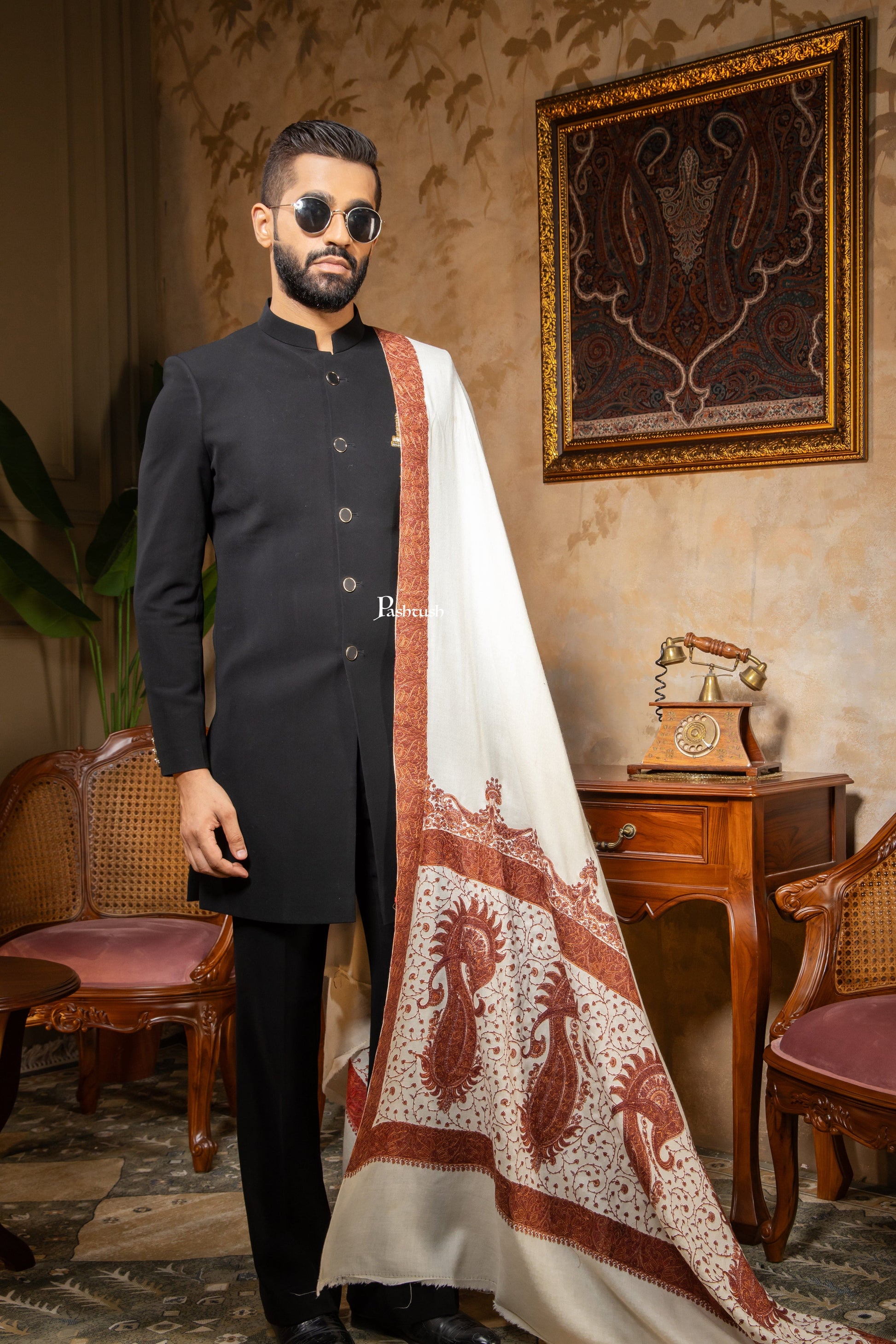 Pashtush India Mens Shawls Gents Shawl Pashtush Mens Shawl, Kashmiri Embroidery, Soft and Warm, Palla Design Intricate stitch, Ivory