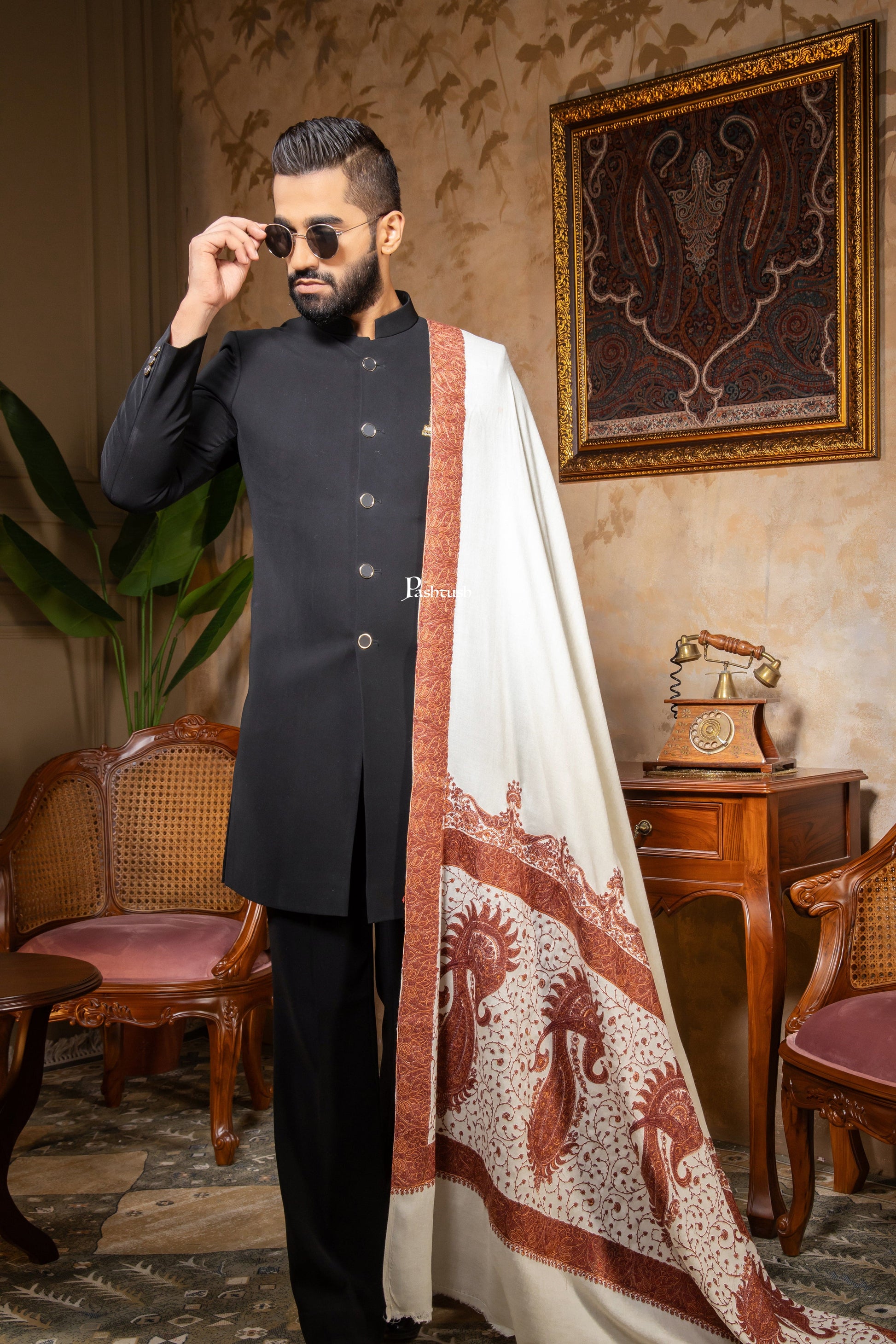 Pashtush India Mens Shawls Gents Shawl Pashtush Mens Shawl, Kashmiri Embroidery, Soft and Warm, Palla Design Intricate stitch, Ivory