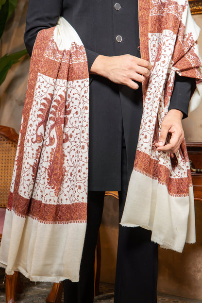 Pashtush India Mens Shawls Gents Shawl Pashtush Mens Shawl, Kashmiri Embroidery, Soft and Warm, Palla Design Intricate stitch, Ivory