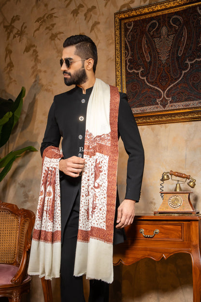 Pashtush India Mens Shawls Gents Shawl Pashtush Mens Shawl, Kashmiri Embroidery, Soft and Warm, Palla Design Intricate stitch, Ivory