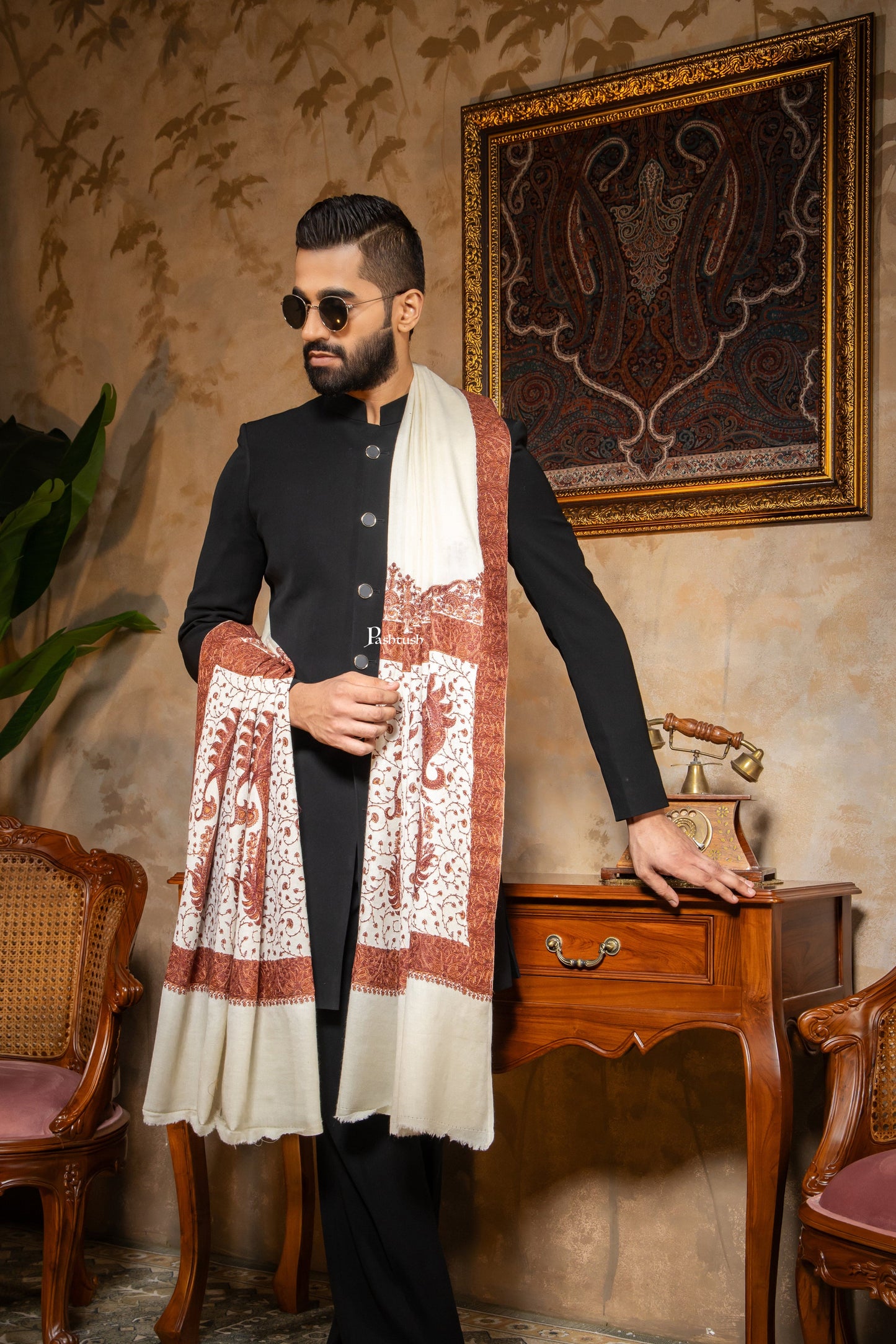 Pashtush India Mens Shawls Gents Shawl Pashtush Mens Shawl, Kashmiri Embroidery, Soft and Warm, Palla Design Intricate stitch, Ivory